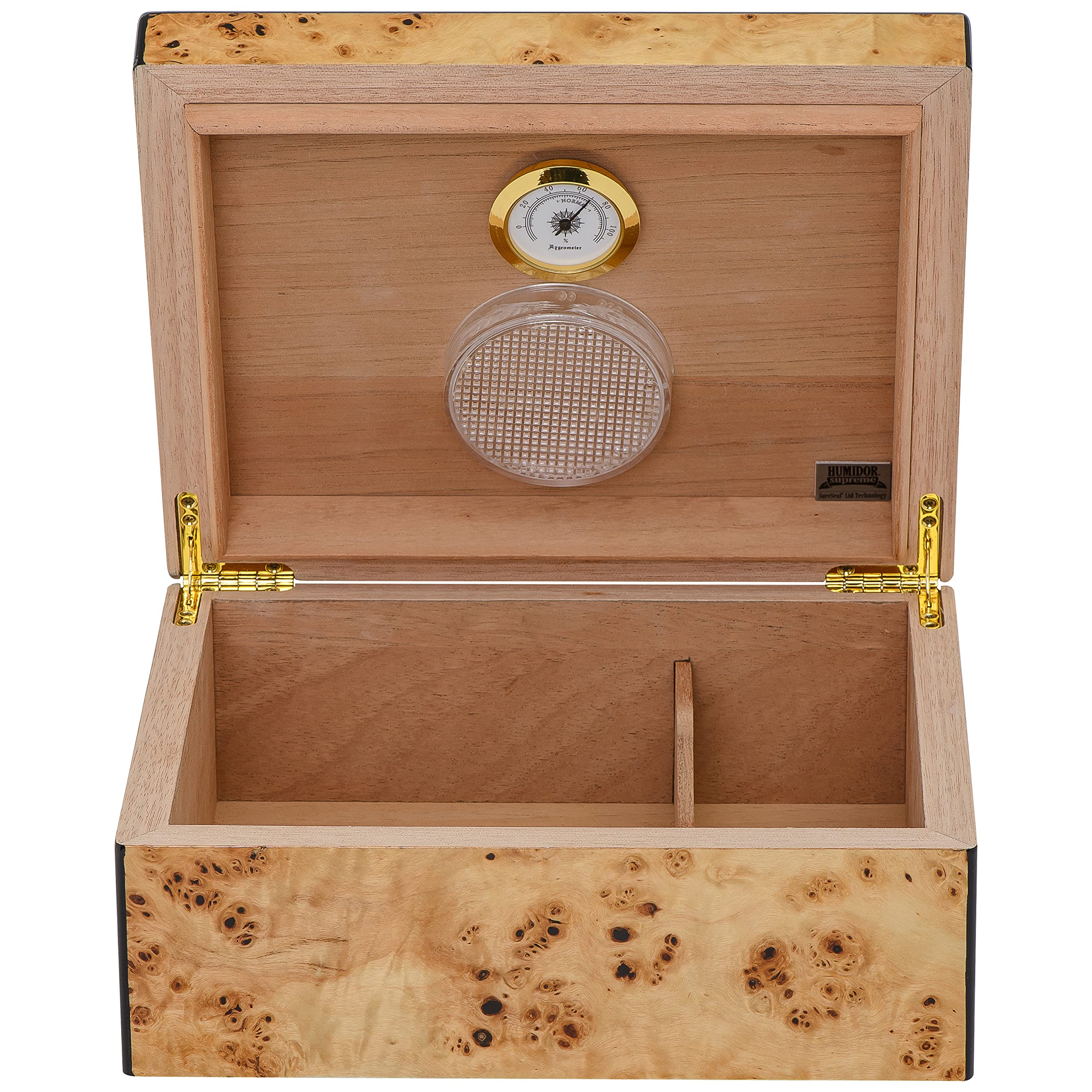 Premium Flanders Desktop Cigar Humidor - Burl Wood & Glass Hygrometer with Spanish Cedar Lining (Holds 30-55 Cigars) - Perfect for Home, Office & Cigar Lounge Storage