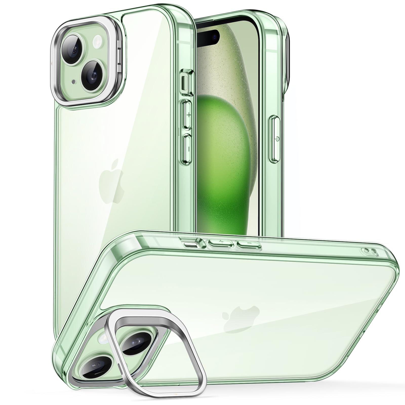 JETech iPhone 15 6.1-Inch Clear Kickstand Case with Camera Ring Stand - Shockproof, Anti-Yellowing, Anti-Scratch Bumper Cover (Green) - Perfect for Work, Travel & Everyday Protection