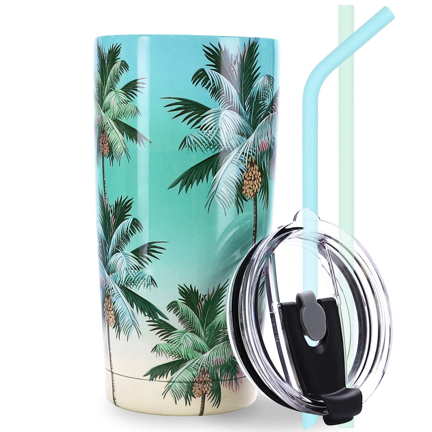 NymphFable 20oz Stainless Steel Insulated Tumbler with Straw & Lid - Double Wall Vacuum Palm Tree Design Travel Mug for Coffee, Iced Tea & Cold Drinks - Perfect for Beach, Poolside & Summer Outdoor Activities