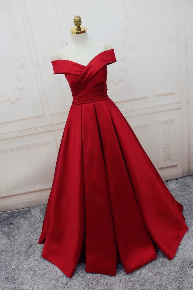 Elegant V-Neck Off-The-Shoulder Long Satin Evening Gown for Women - Perfect for Prom, Wedding, and Formal Events