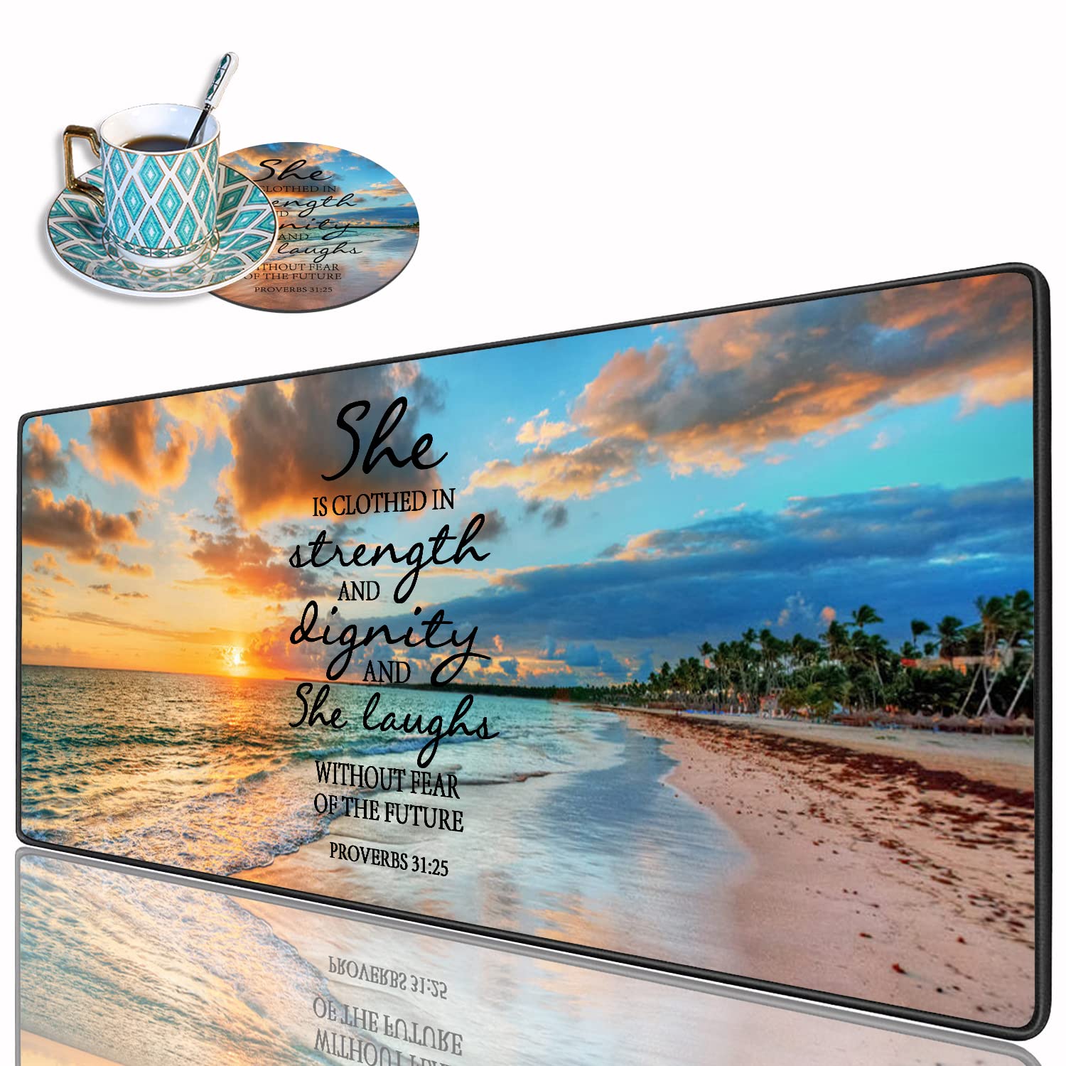 XXL Gaming Mouse Pad 31.5x11.8 Inches - Non-Slip Desk Mat with Stitched Edges & Cup Coasters - Perfect for PC Gaming, Office Work & Bible Study (Proverbs 31:25 Inspired Design)