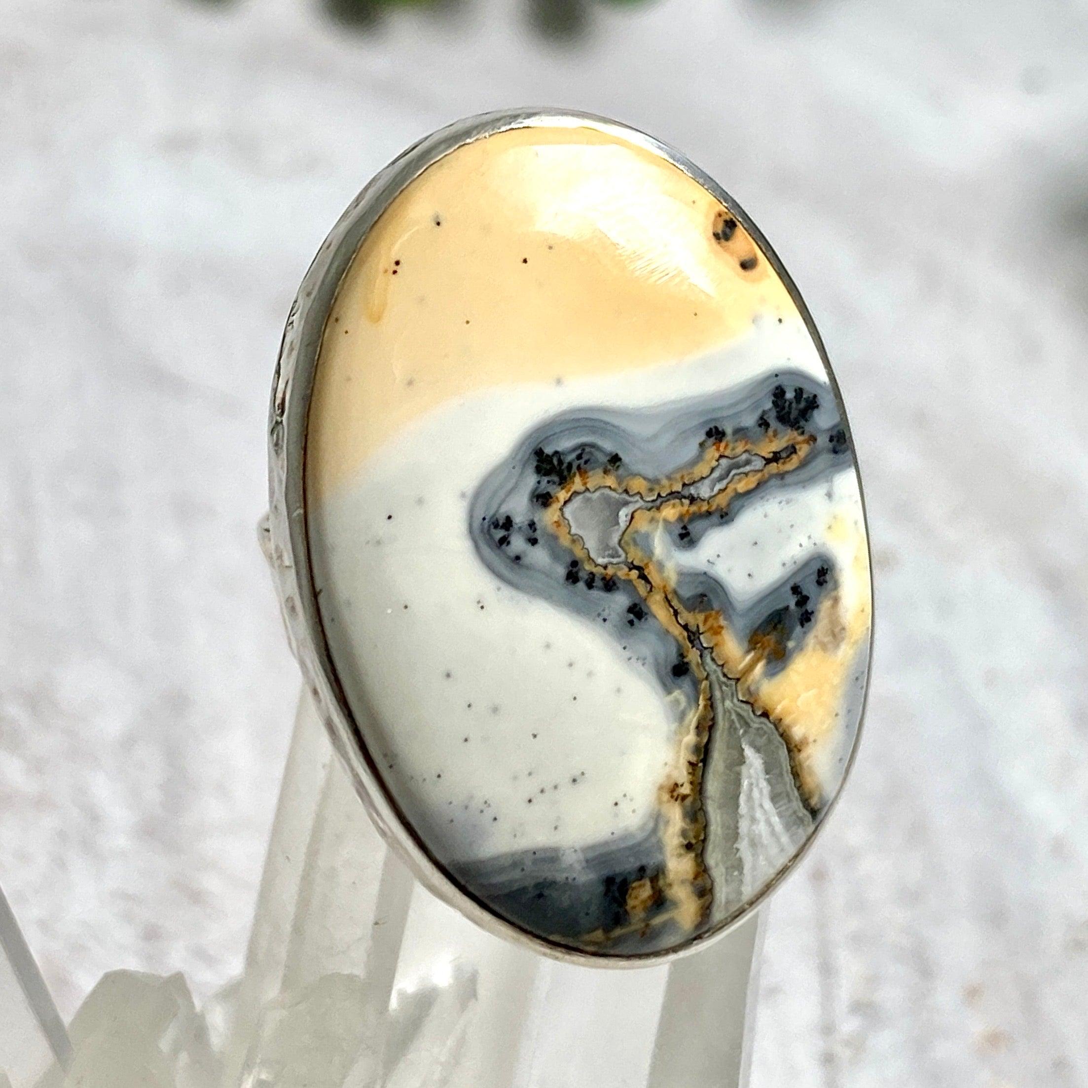 Maligano Jasper Oval Cabochon Ring with Beaten Band - Size 8 - KRGJ1564 - Handmade Boho Jewelry for Women, Perfect for Everyday Wear & Gift Giving