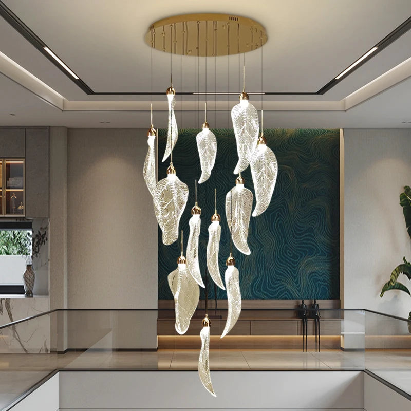 Elyorn Leaves Design High Ceiling Foyer Chandelier - Modern Crystal Leaf Ceiling Light Fixture for Entryway, Living Room & Dining Room - Elegant Lighting for Home Decor