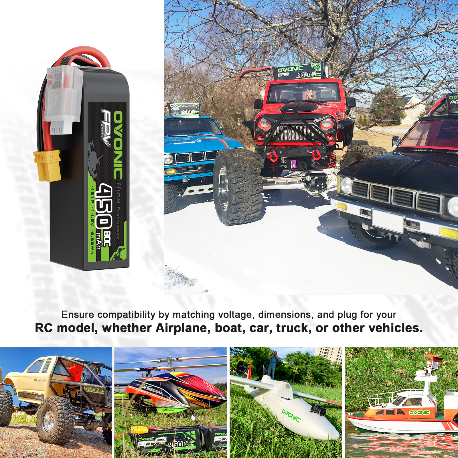 2 Pack OVONIC 14.8V 80C 450mAh 4S Lipo Battery with XT30 Connector - Long Size for 90-150mm FPV Drones, Quadcopters, Cinewhoop & Toothpick Drones - Perfect for Racing, Freestyle Flying and Aerial Photography