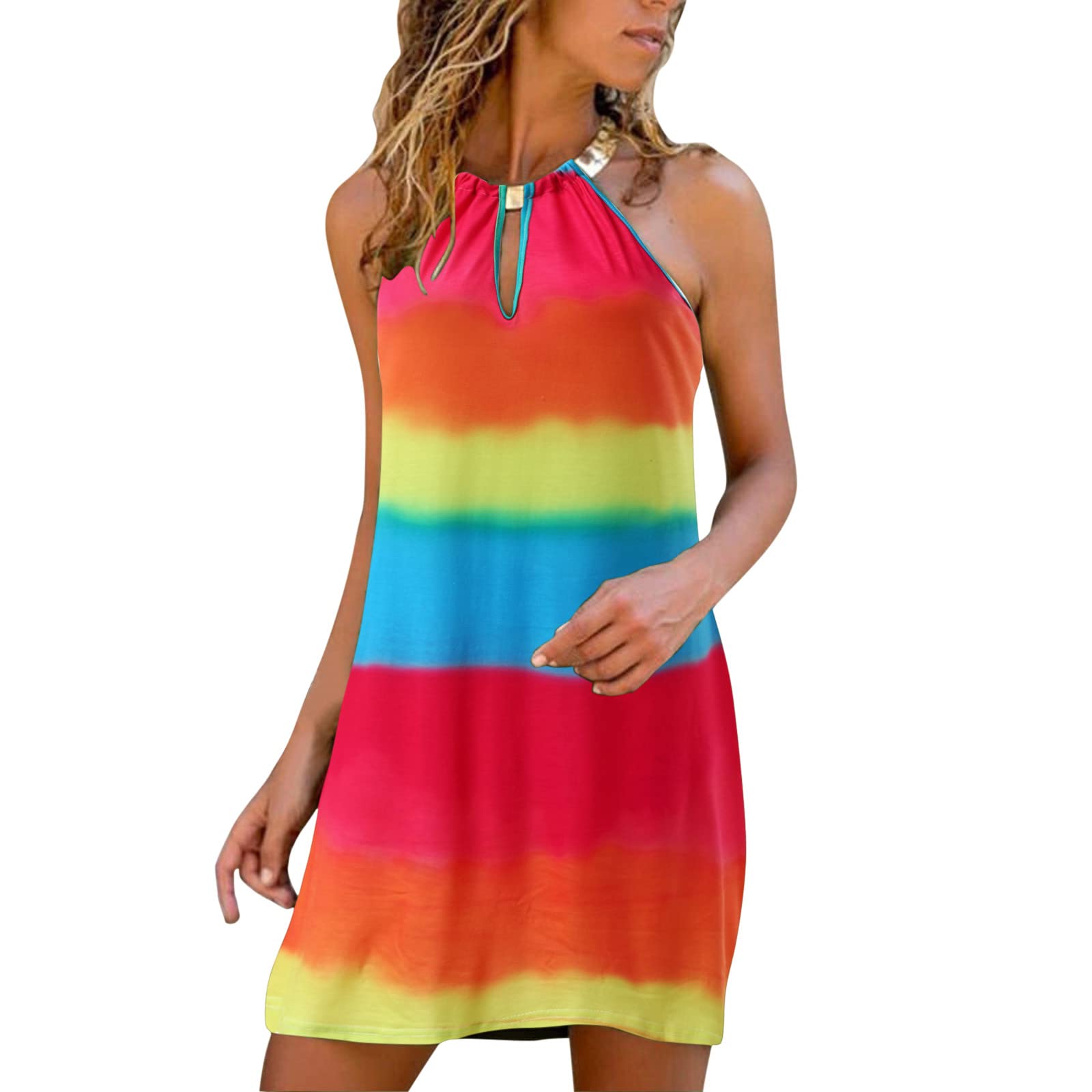 Girls & Women's Summer Beach Dresses - Gradient Print Halter Neck Sleeveless Above Knee Casual Dress for Daily Wear, Vacations & Pool Parties