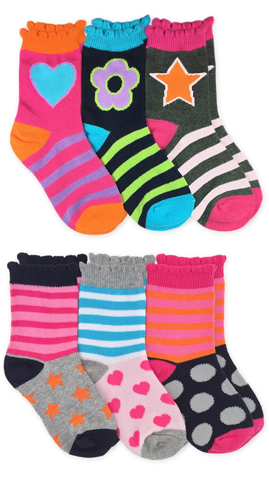 Jefferies Girls' Fashion Pattern Crew Socks - 6 Pair Pack - Cute & Comfortable Cotton Socks for School, Sports & Everyday Wear