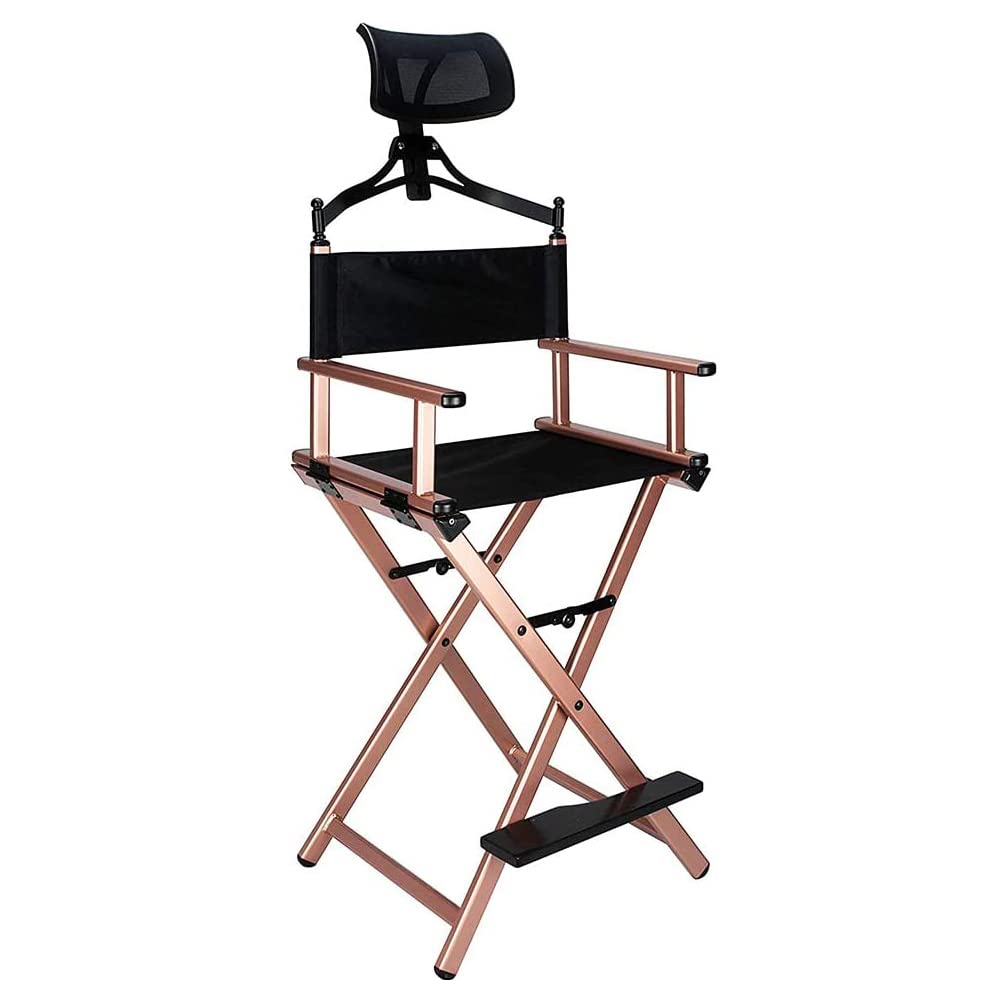 Professional Makeup Artist Chair with Adjustable Headrest - Portable Folding Director's Chair - Lightweight Aluminum Frame - Gold Finish - Perfect for Salon, Film Set & Home Beauty Station