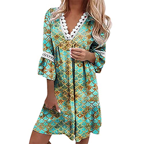 Women's Bohemian Ethnic Style Lace Trim V-Neck Swing Dress - Three Quarter Sleeves Mini/Maxi Casual Dress (Green, Size L) for Summer Festivals, Beach Vacations & Boho Chic Outfits