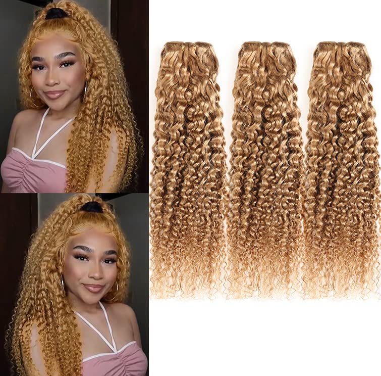 XCCOCO 27# Dark Blonde Brazilian Kinky Curly Human Hair Extensions - 3 Bundles (12/14/16 Inch) 300g Pre-Colored Honey Blonde Weave for Natural Volume & Length - Perfect for Daily Styling, Parties & Special Occasions