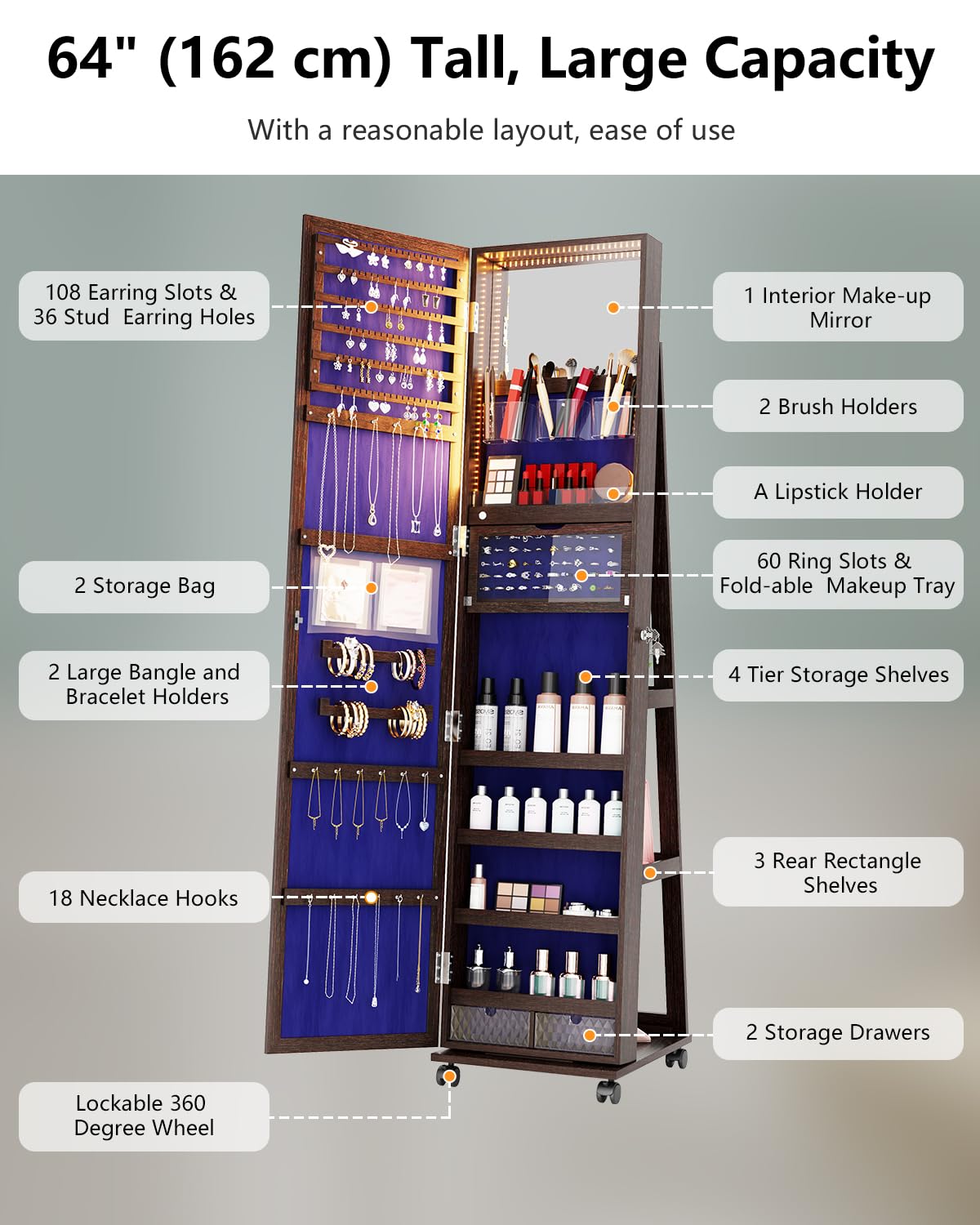 Full Length Mirror with Jewelry Storage - 360° Swivel Jewelry Cabinet with LED Lights & Lockable Organizer | Standing Jewelry Armoire with Mirror for Bedroom, Dressing Room & Christmas Gifts (Brown)