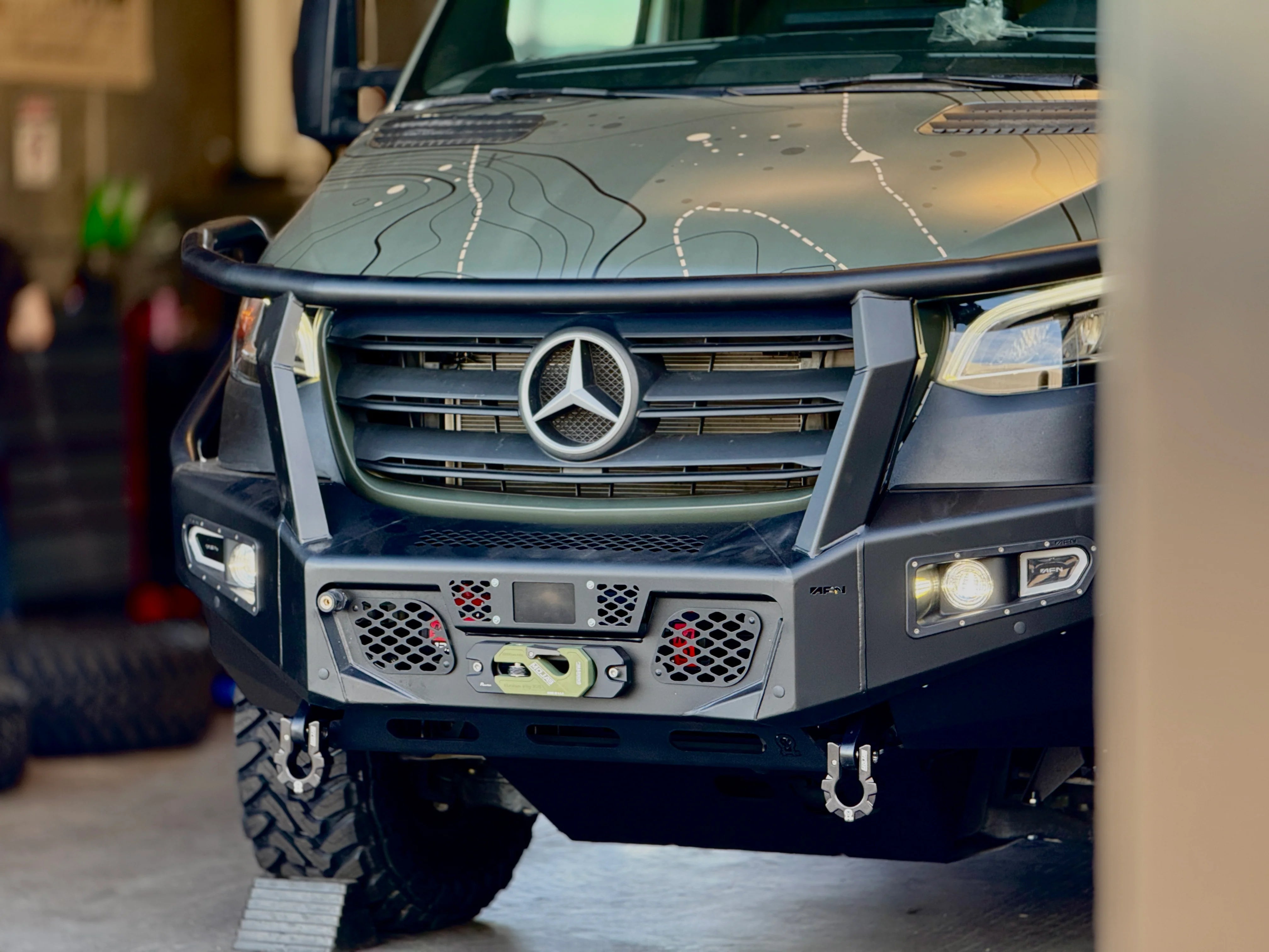 Owl Ridgeline MAX Front Bumper with Skid Plates for 2019-2023 Mercedes Sprinter Van 2500 3500 - Heavy Duty Off-Road Protection for Adventure Vans & Overlanding Vehicles