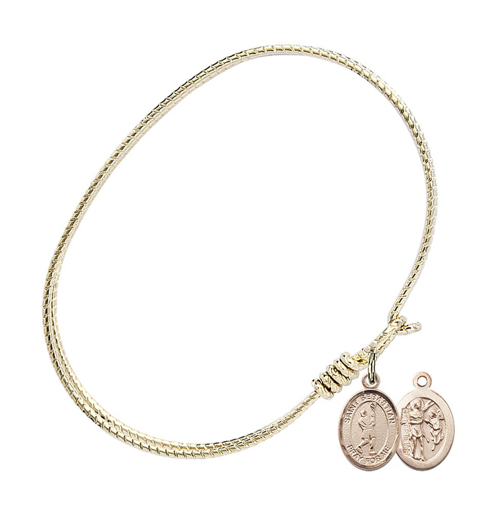 Gold-Filled Oval Eye Hook Bangle Bracelet with St. Sebastian & Lacrosse Charm - Elegant Jewelry for Women, Perfect for Everyday Wear, Gifts & Special Occasions