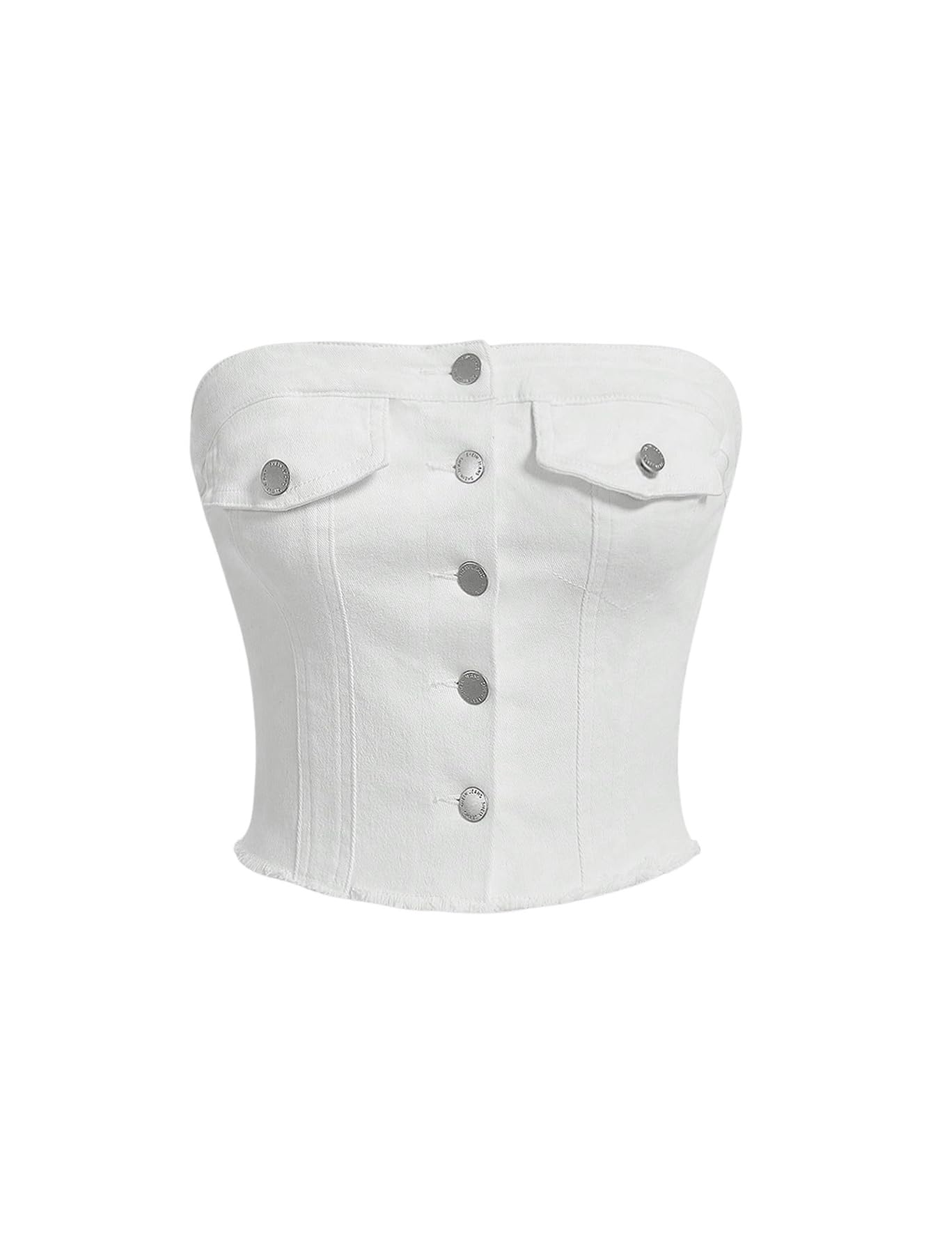 WDIRARA Women's Raw Hem Button Front Crop Blouse - Strapless Sleeveless Denim Tube Top for Casual Outfits & Summer Fashion