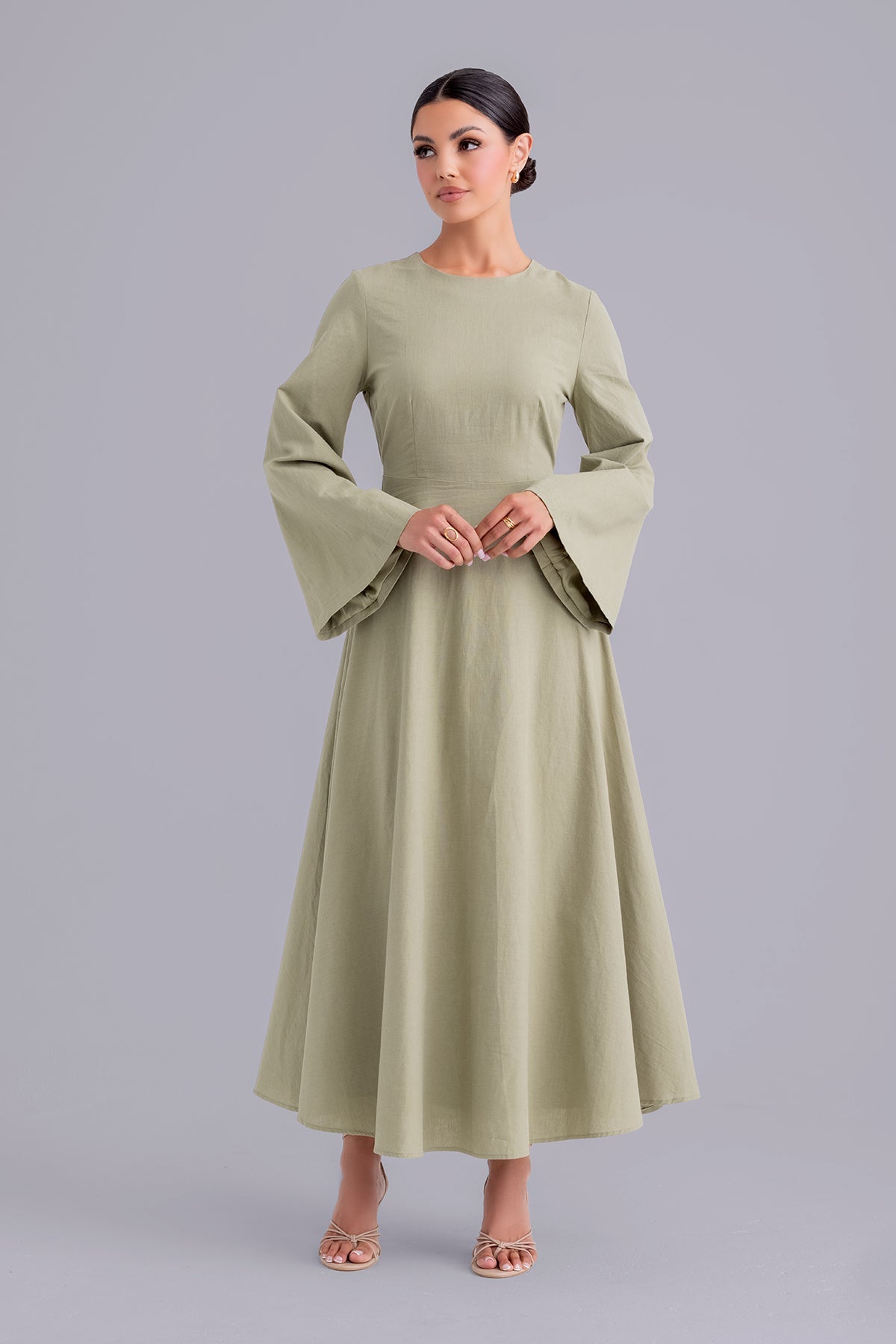 Yasamine Women's Long Sleeve Linen Dress in Sage Green - Boho Chic Summer Maxi Dress for Beach, Vacation & Casual Wear