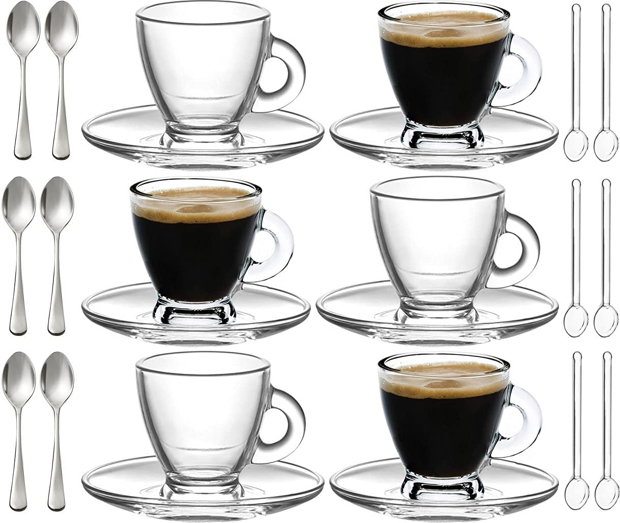 Premium Clear Glass Espresso Cups Set - 3.2 oz Demitasse with Saucers & Stainless Steel Spoons (6-Piece) - Perfect for Italian Coffee, After-Dinner Drinks & Elegant Entertaining