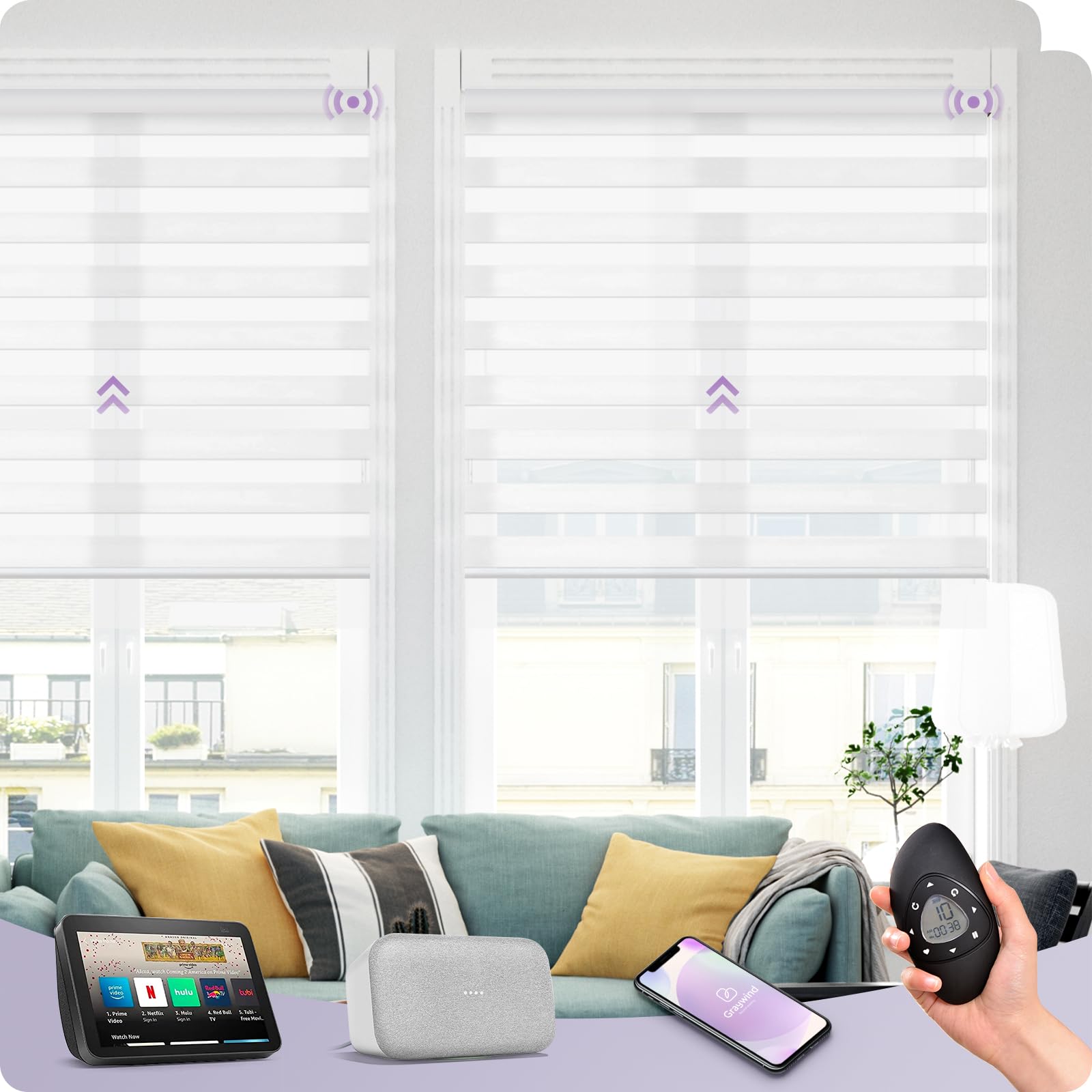 Graywind Motorized Zebra Sheer Blinds - Alexa-Compatible Smart Window Shades with Remote Control, Light Filtering Roller Blinds with Valance for Home & Office, Custom Size (Wool-Like White) - Perfect for Living Rooms, Bedrooms and Workspaces