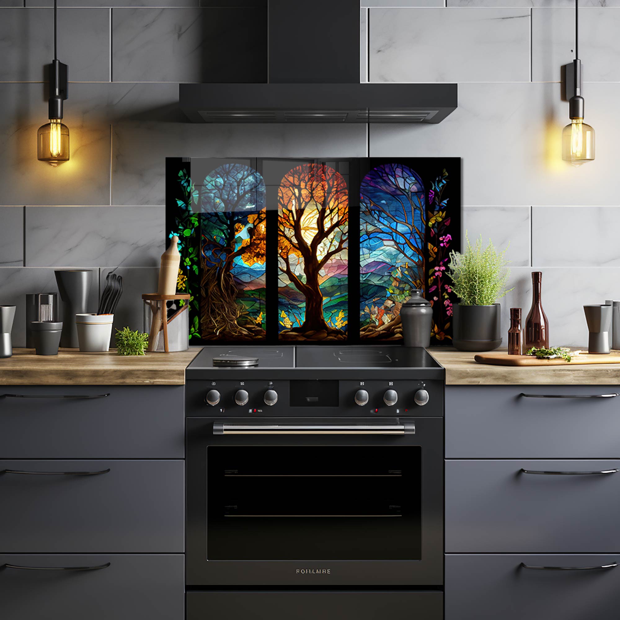 Seasons of Tree Glass Splashback - Modern Kitchen Backsplash Panel - Heat & Stain Resistant Tempered Glass - Perfect for Home Renovation & Kitchen Remodeling