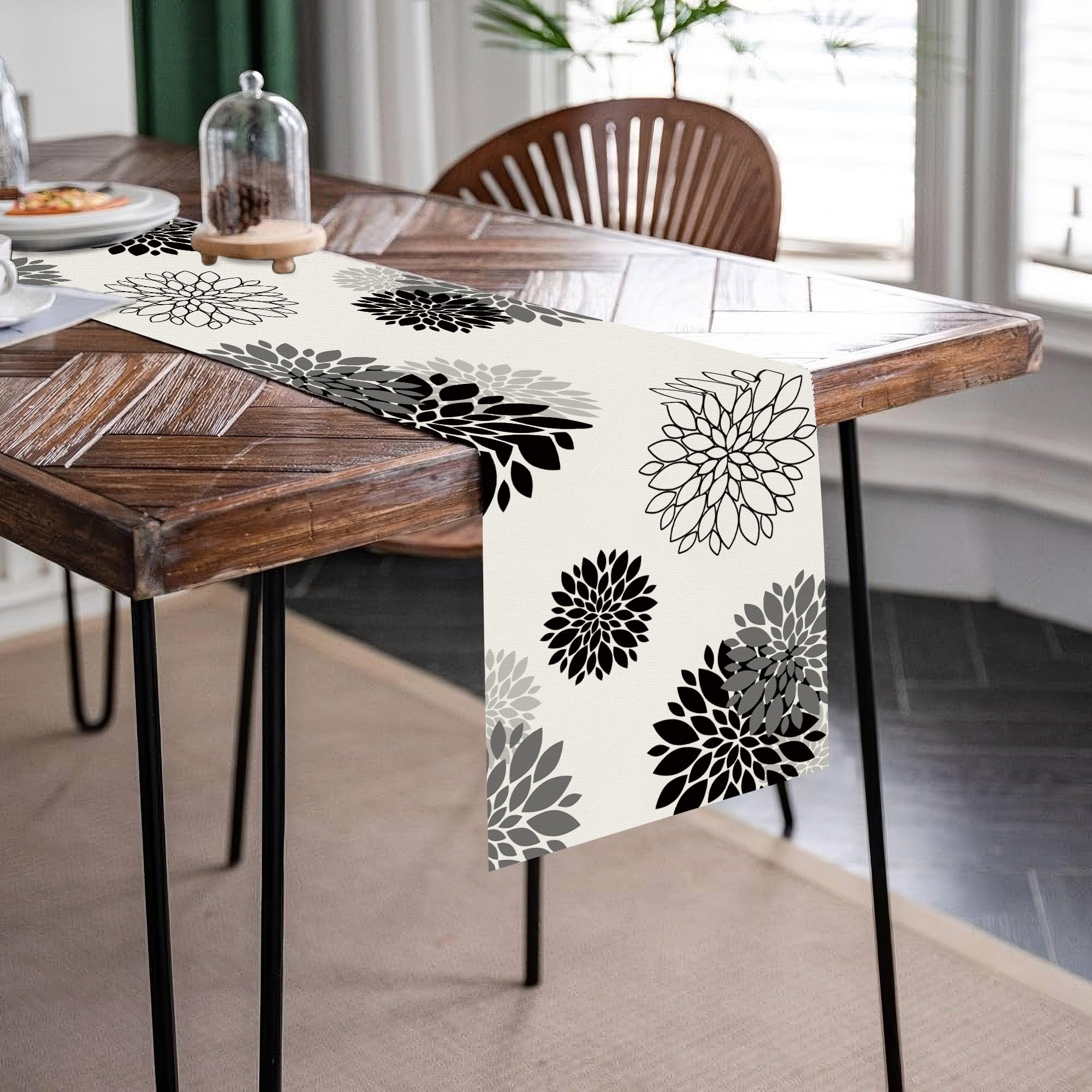 Modern Black Gray Dahlia Pinnata Flower Table Runner - Elegant Beige Pompon Farmhouse Geometric Design for Coffee Table, Dining Table, Kitchen Decor - 13 x 36 Inch - Perfect for Home, Parties & Farmhouse Style Decorations