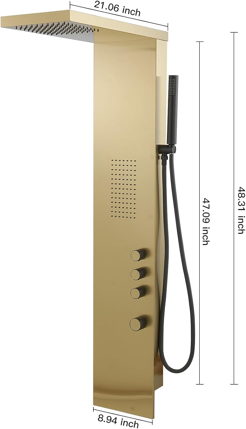 Premium Stainless Steel Shower Tower System with Rainfall Shower Head, Hand Shower & Body Jets - Brushed Gold Finish | Luxury Bathroom Upgrade for Spa-Like Experience