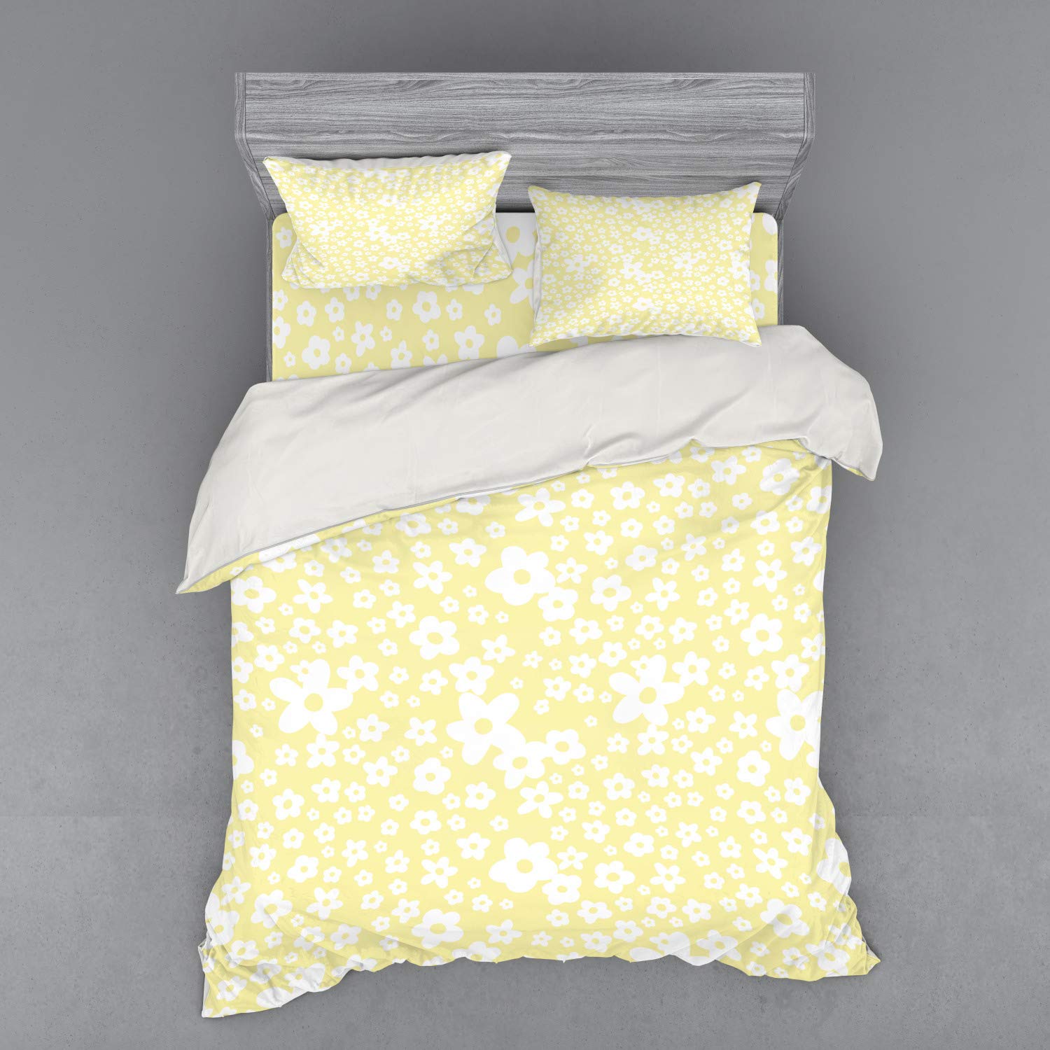 Ambesonne Floral Duvet Cover Set - Queen Size 4-Piece Bedding with Daisy Blossom Design on Yellow Background, Includes Shams & Fitted Sheet | Spring Home Decor for Master Bedroom, Guest Room & Dorm