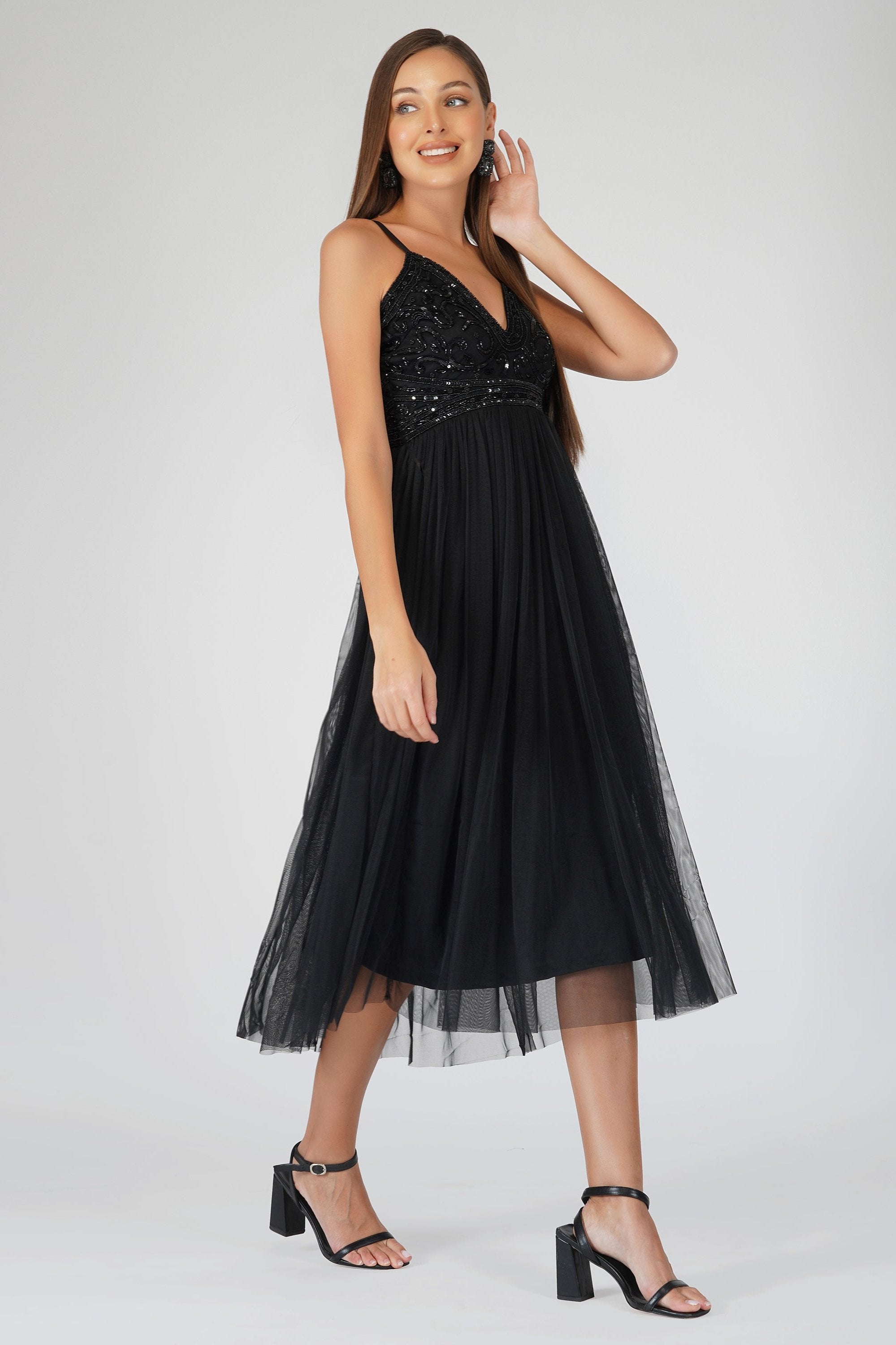 Ruhi Embellished Black Midi Dress for Women - Elegant Party & Evening Wear, Perfect for Weddings, Cocktails & Special Occasions
