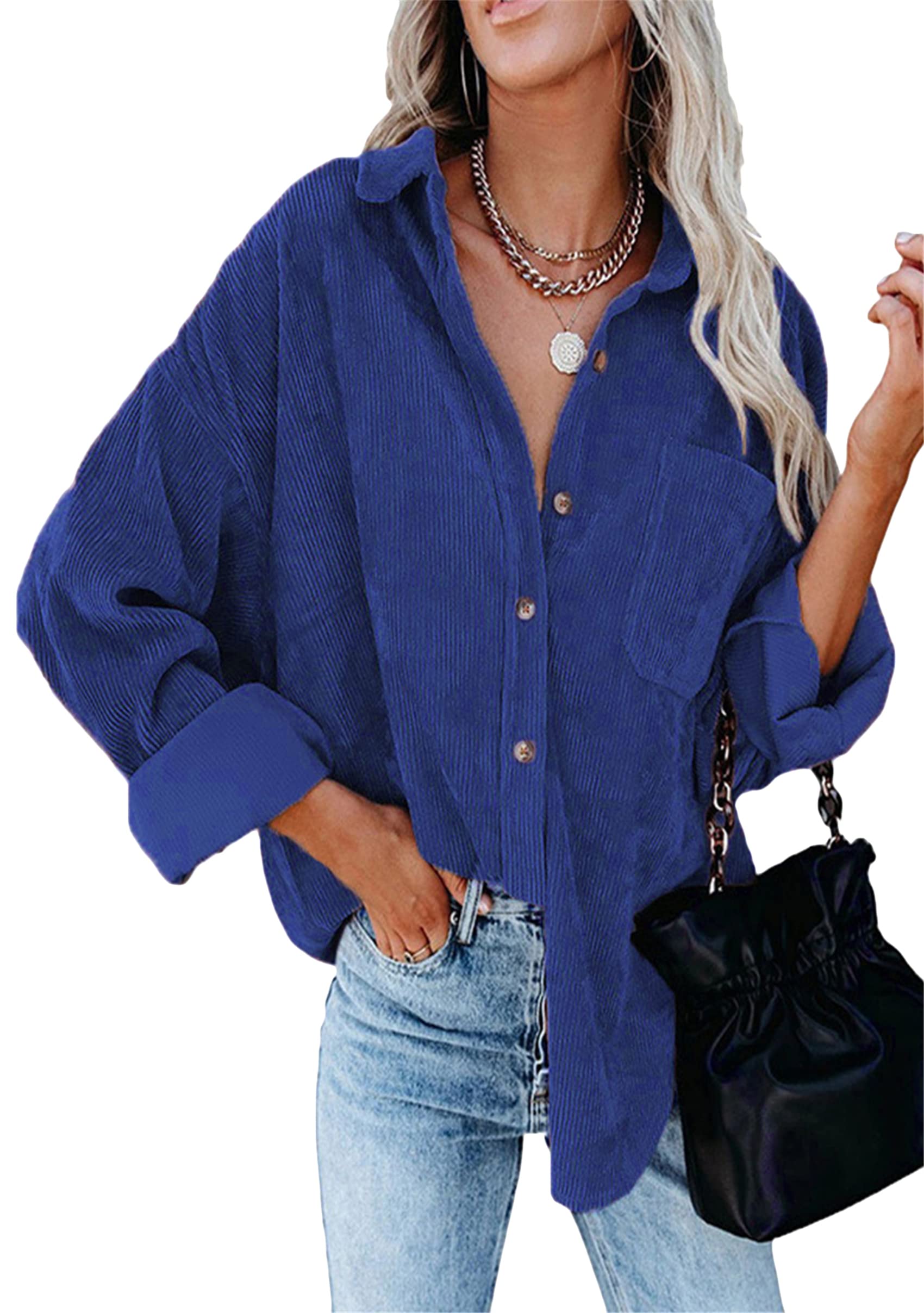 YMING Women's Corduroy Button Down Shirt - Long Sleeve Boyfriend Blouse with Pocket | Casual Cardigan Top for Work, Dating & Fall Outfits