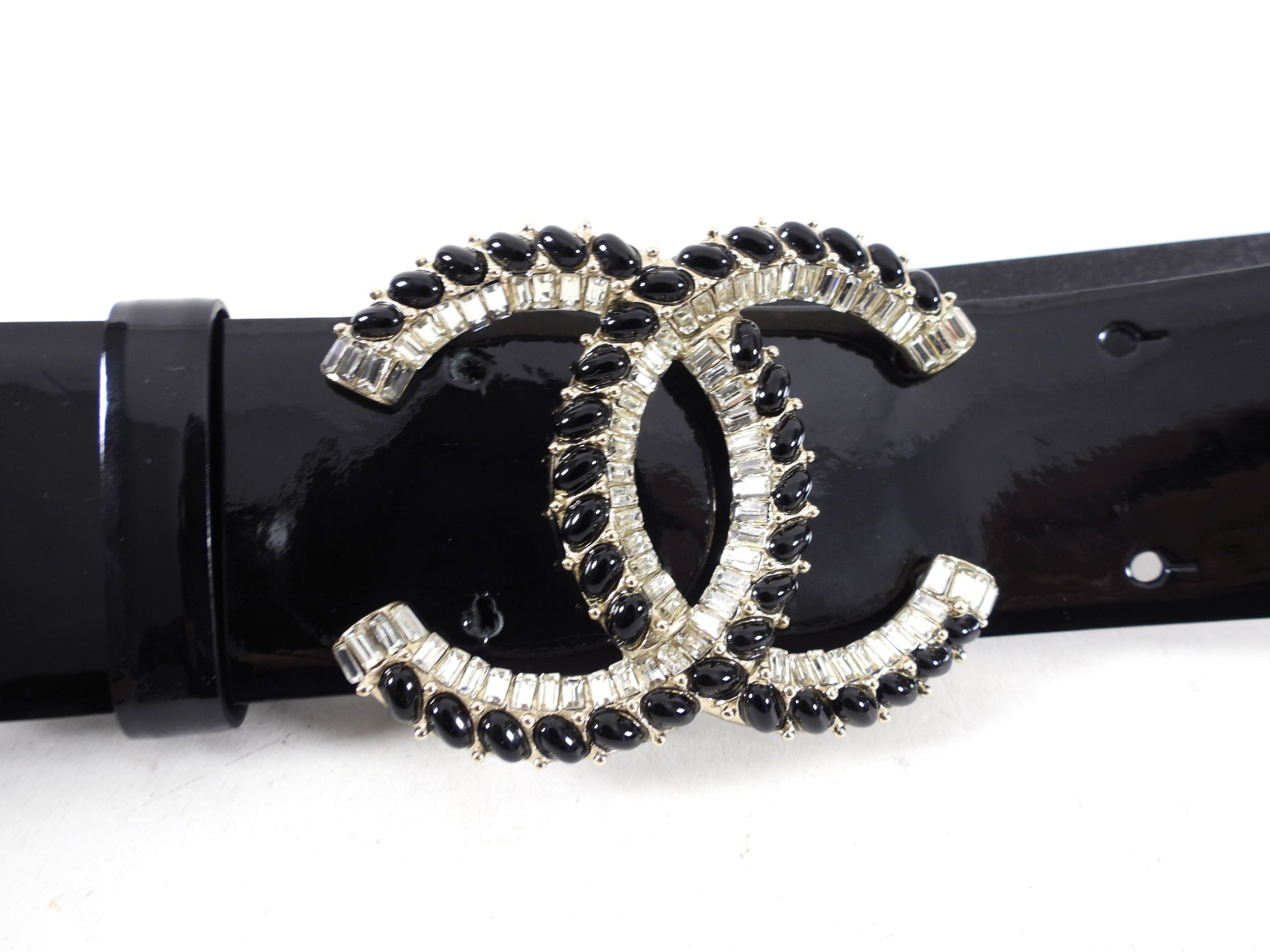 Chanel 08C Black Patent Leather Crystal Strass CC Belt - Size S 26-32
