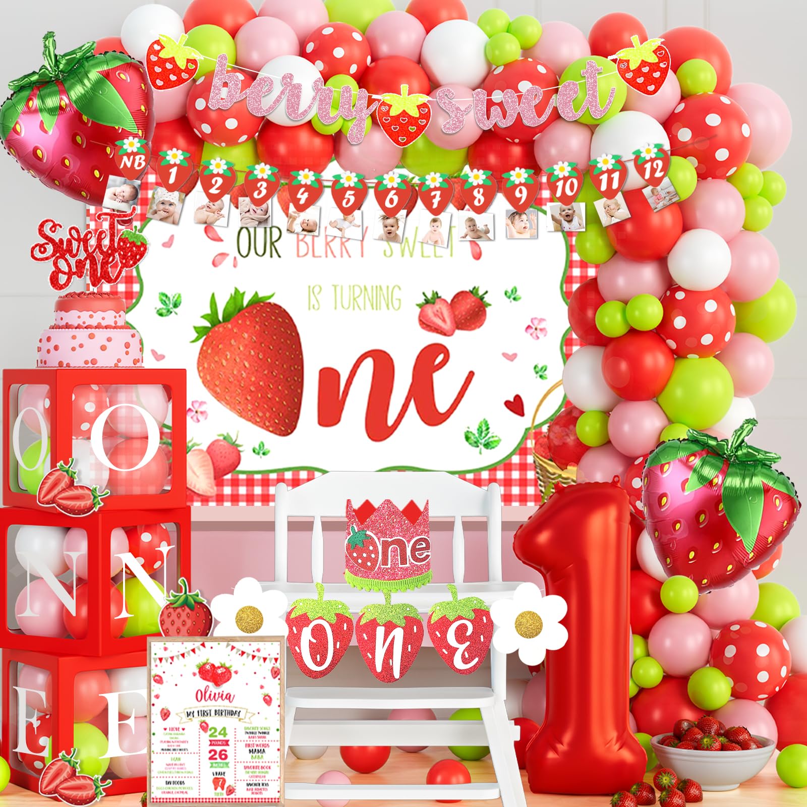 Sweet Strawberry First Birthday Party Decorations for Girls - Berry Themed 1st Birthday Party Supplies for One Year Old - Perfect for Baby's First Birthday, Photoshoots & Celebrations