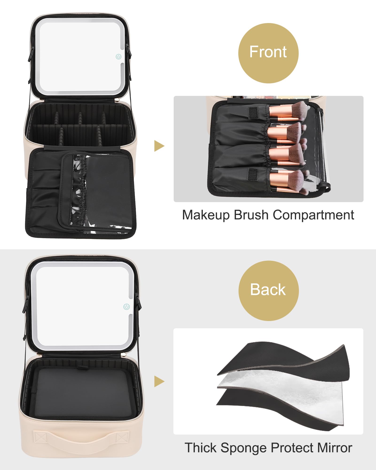 Relavel LED Makeup Bag with Lighted Mirror - Rechargeable Travel Cosmetic Organizer Case with 3-Color Lighting, Brush Storage & Protective Frame (Beige) | Perfect for Travel, Home Vanity & Gift Giving