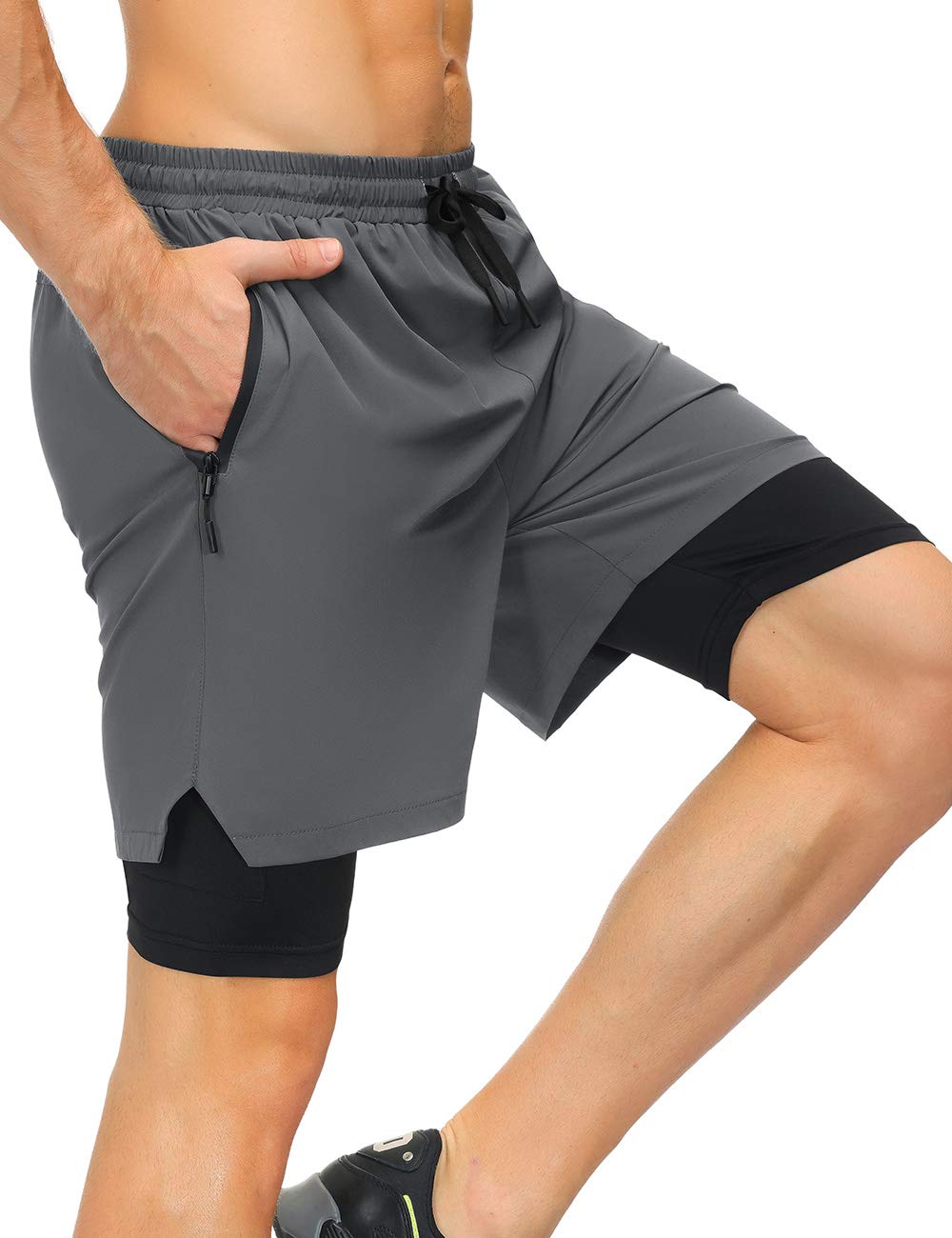 **Men's Running Shorts with Compression Liner - 2-in-1 Workout Shorts with Phone Pocket, Zipper Pockets & Towel Loop - Ideal for Jogging, Gym Training & Outdoor Sports**