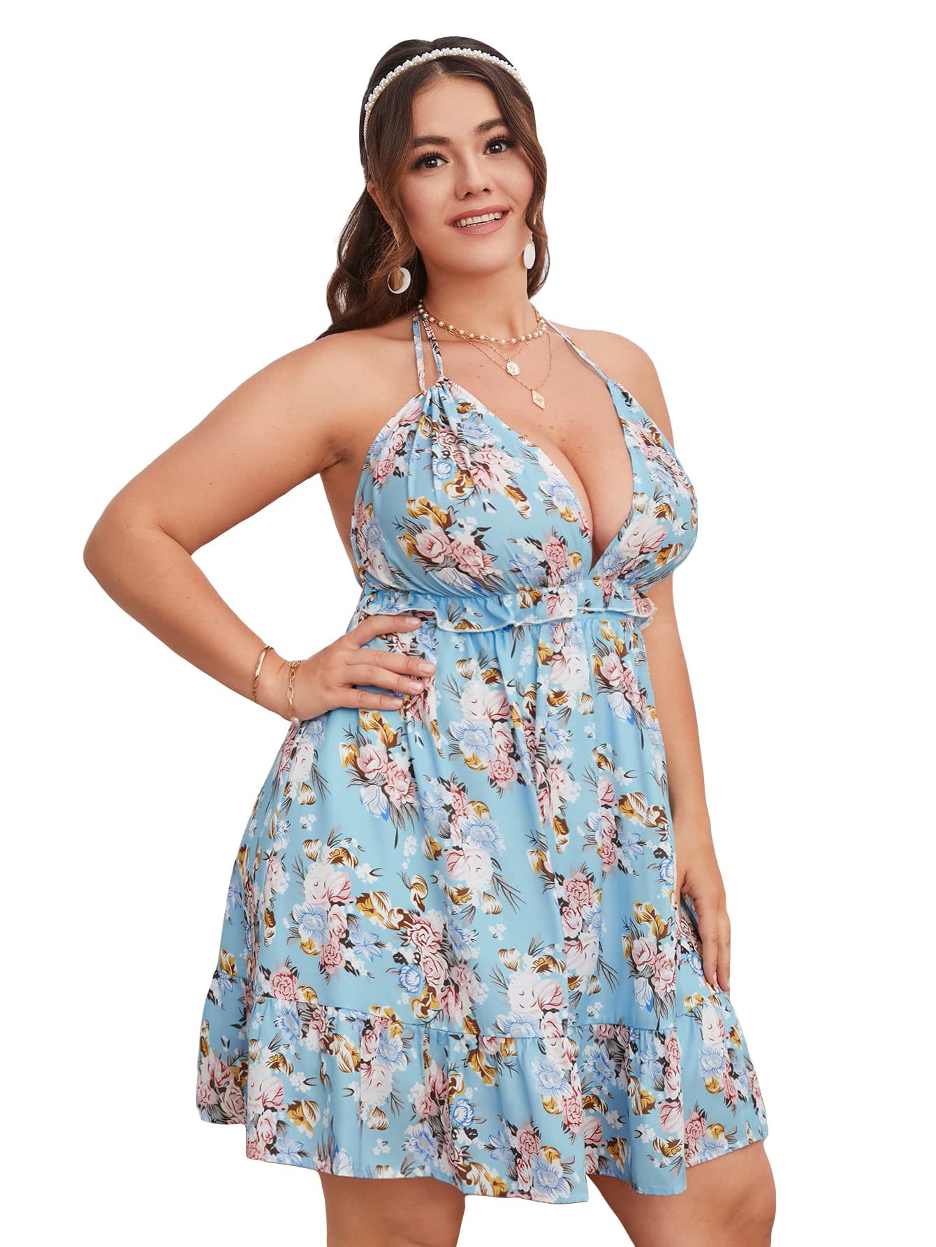 SOLY HUX Women's Plus Size Floral Print Halter Tie Back Backless Ruffle Hem High Waist A Line Dress - Perfect for Summer Beach Vacations, Garden Parties & Date Nights