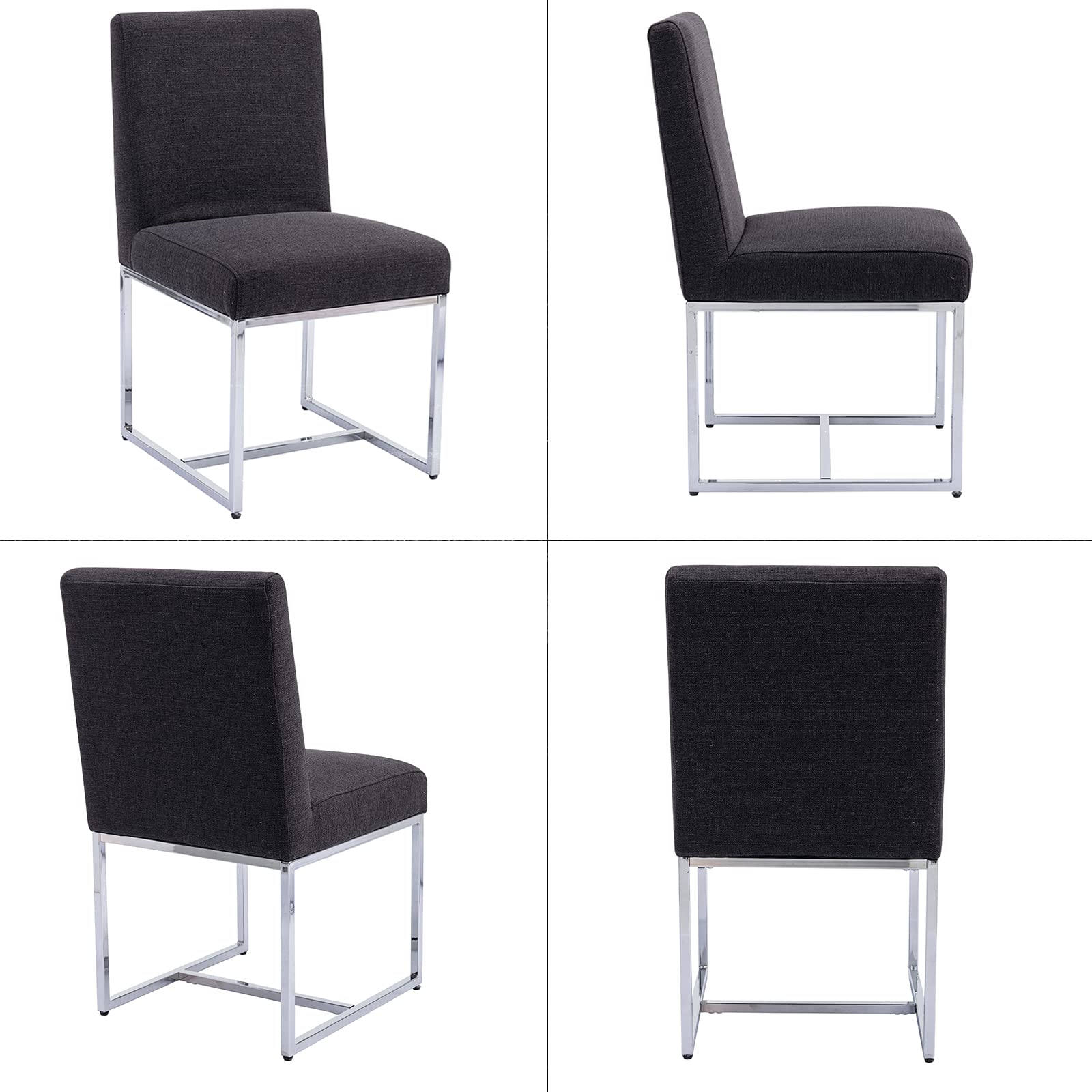 Modern Dining Chairs Set of 2 - Mid Century Upholstered Kitchen Chairs with Linen Fabric & Chrome Metal Frame - Charcoal Black - Perfect for Dining Room, Kitchen Island & Small Space Decor