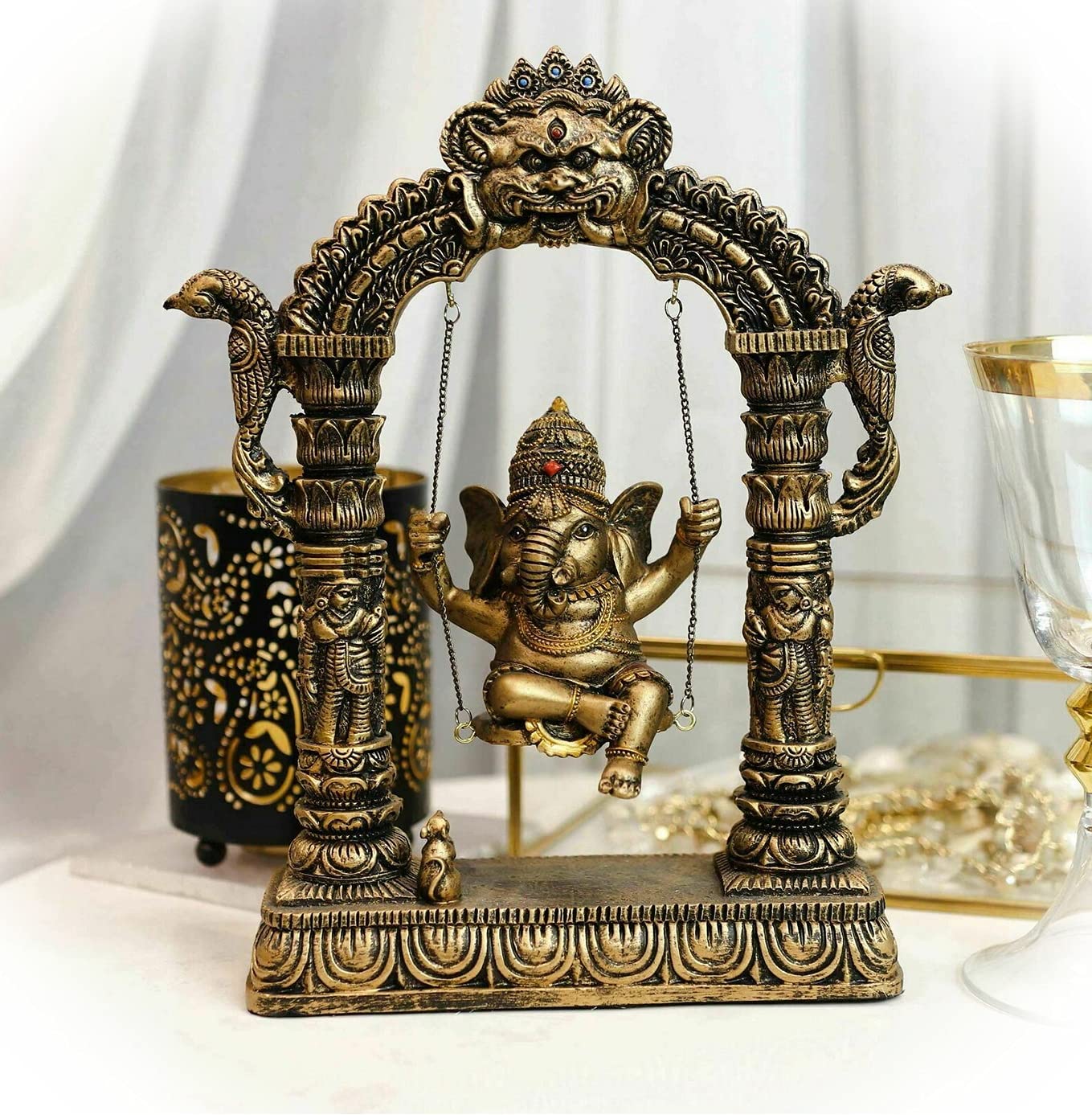 Handcrafted Hindu God Baby Ganesha on Swing with Mooshika Mouse Statue - EB-6071GIF - Spiritual Home Decor for Puja Altar, Yoga Room & Meditation Space - Perfect Gift for Diwali, Housewarming & Birthday Celebrations