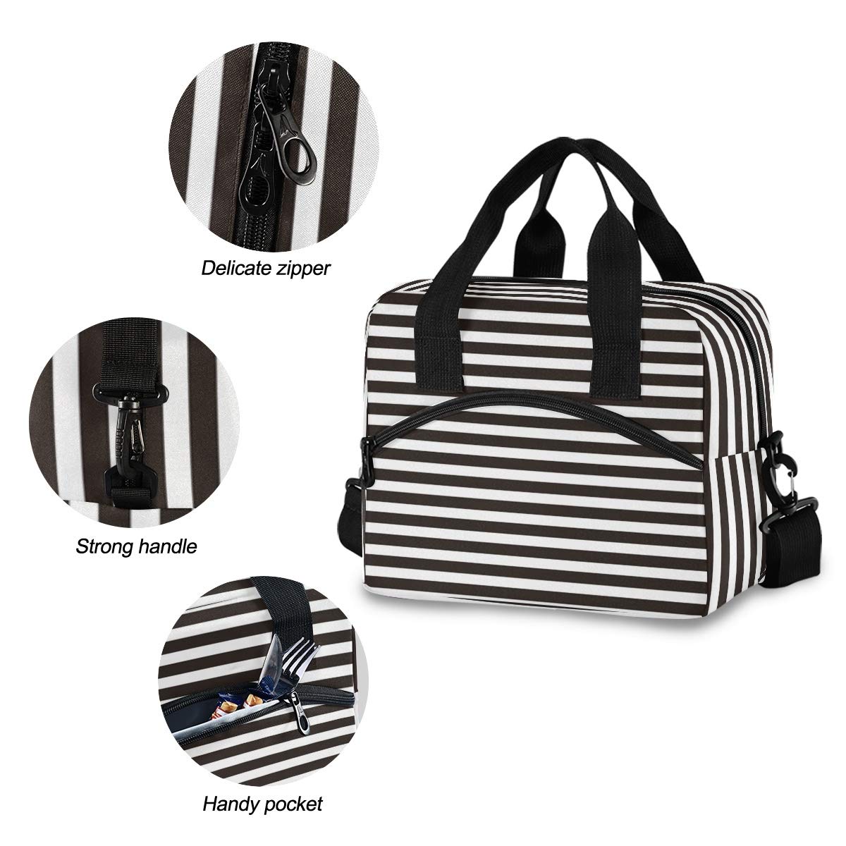 Insulated Lunch Bag - Reusable Cooler Tote for School, Work & Outdoor | Thermal Lunch Box for Women, Men & Kids | Leakproof Food Container Organizer | Black & White Stripe Design | Perfect for Picnics, Hiking & Office Lunch