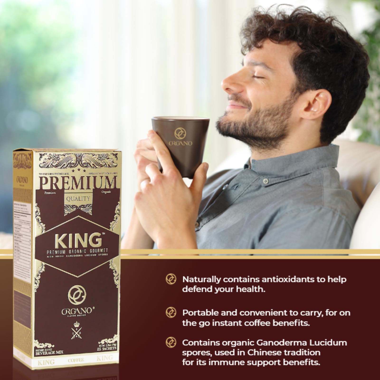 Organic Ganoderma Lucidum Coffee - 3 Boxes (75 Sachets) | 100% Certified Reishi Mushroom Coffee | Energy Boost & Immune Support | Perfect for Morning Routine & Office Productivity