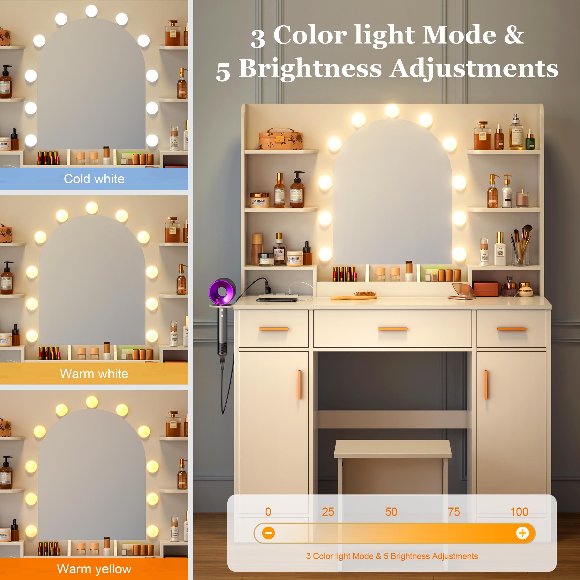 Vanity Desk with Mirror & 11 LED Lights - White Makeup Vanity Table Set with Chair, 5 Drawers, 3 Lighting Modes & 5 Brightness Levels - Dressing Table for Bedroom, Home Decor & Beauty Room Organization
