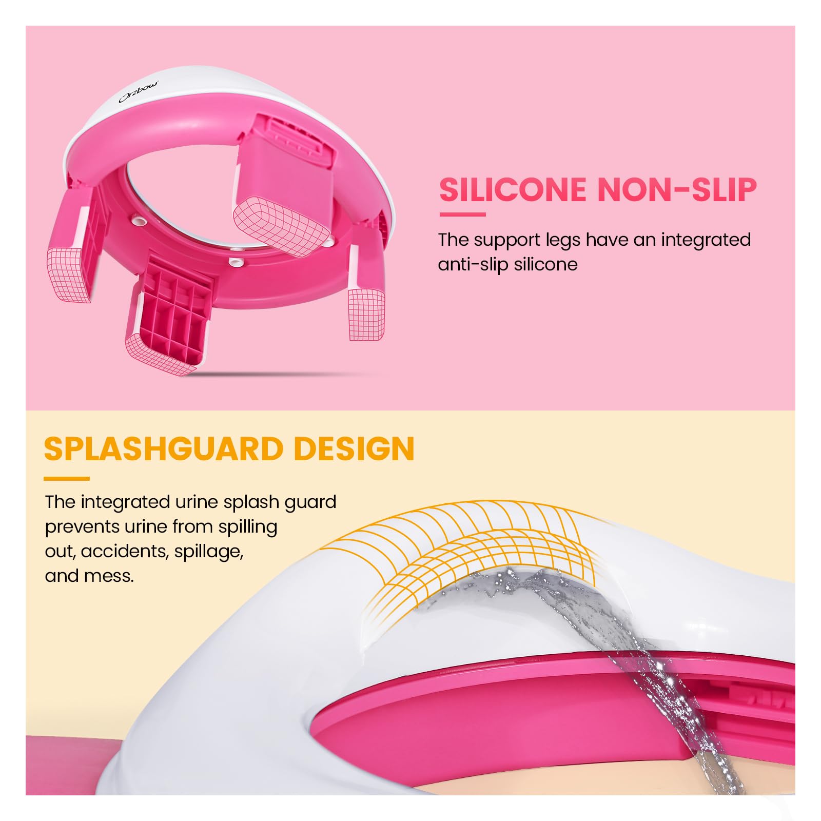 Orzbow Foldable Travel Potty Chair for Toddlers - Portable Kids Training Toilet Seat with Splash Guard, Storage Bag & 40 Disposable Bags | Perfect for Car Trips, Camping & Outdoor Adventures (Pink)