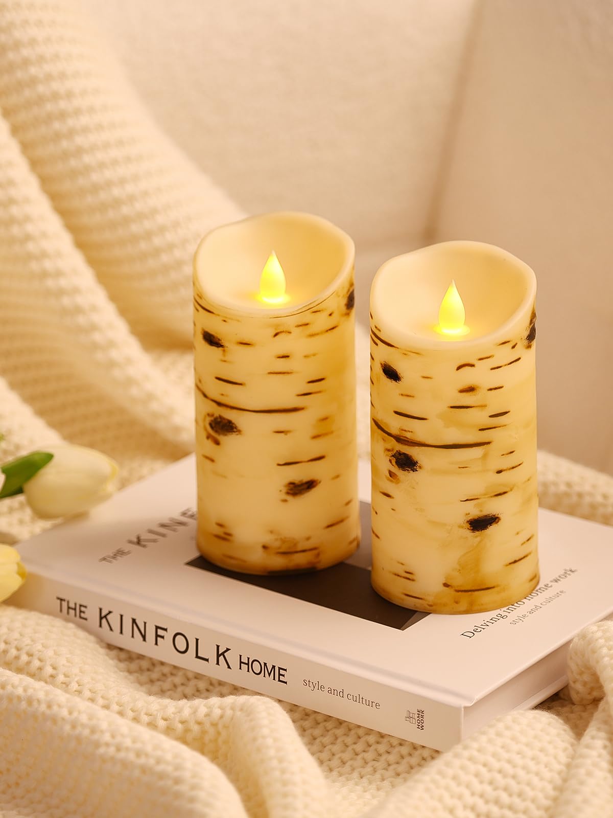 Flameless LED Candles with Timer - 2 Pack Realistic Birch Grain Battery Operated Fake Candles (3.25