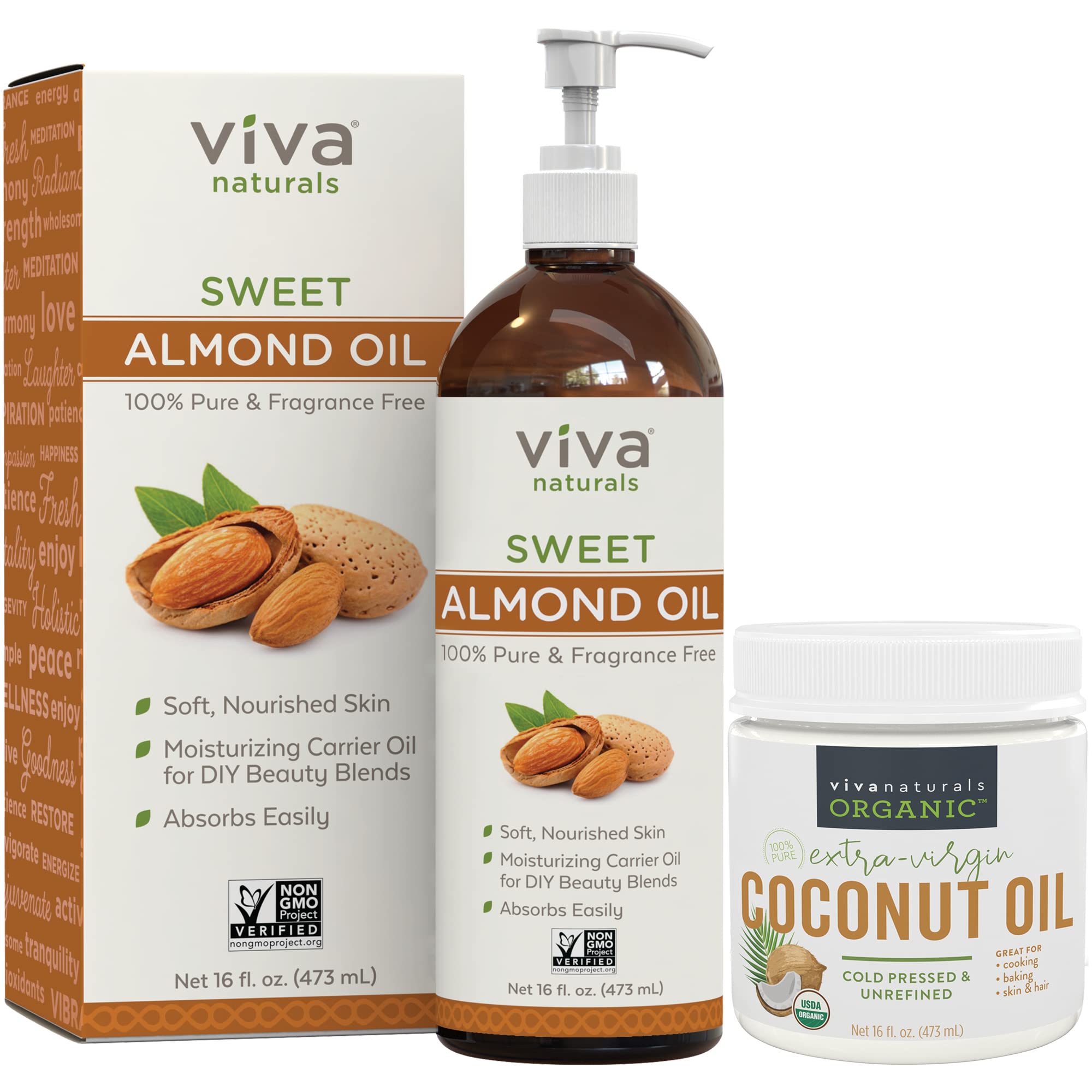 Organic Coconut Oil 16 oz + Sweet Almond Oil Bundle for Skin & Hair Care - Natural Moisturizer, Makeup Remover & Massage Oil for Face, Body & Scalp