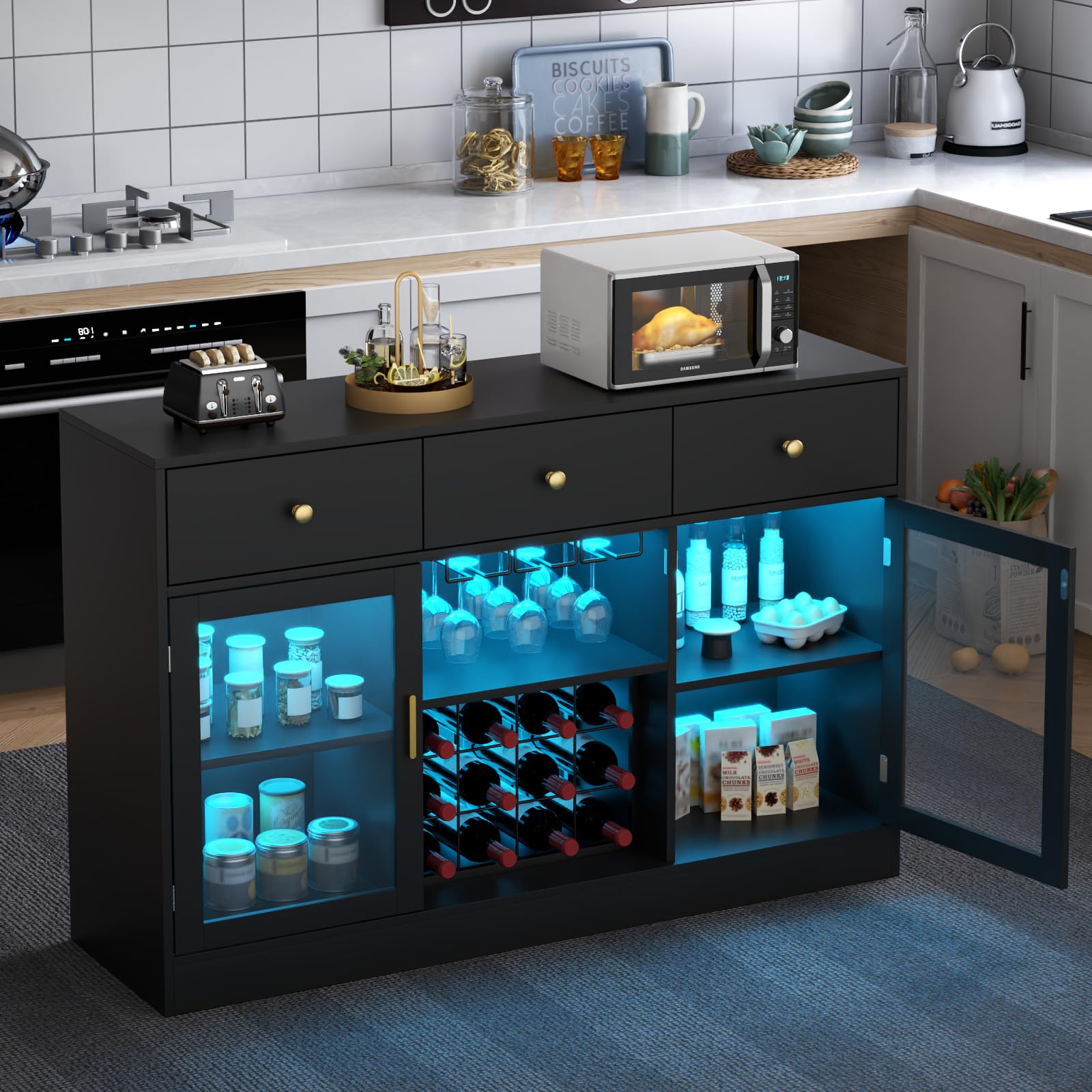 Modern LED Wine Bar Cabinet with Glass Rack & Storage Drawers - Kitchen Buffet Sideboard for Living Room, Dining Room | Perfect for Home Entertaining, Coffee Station & Liquor Display (Black)