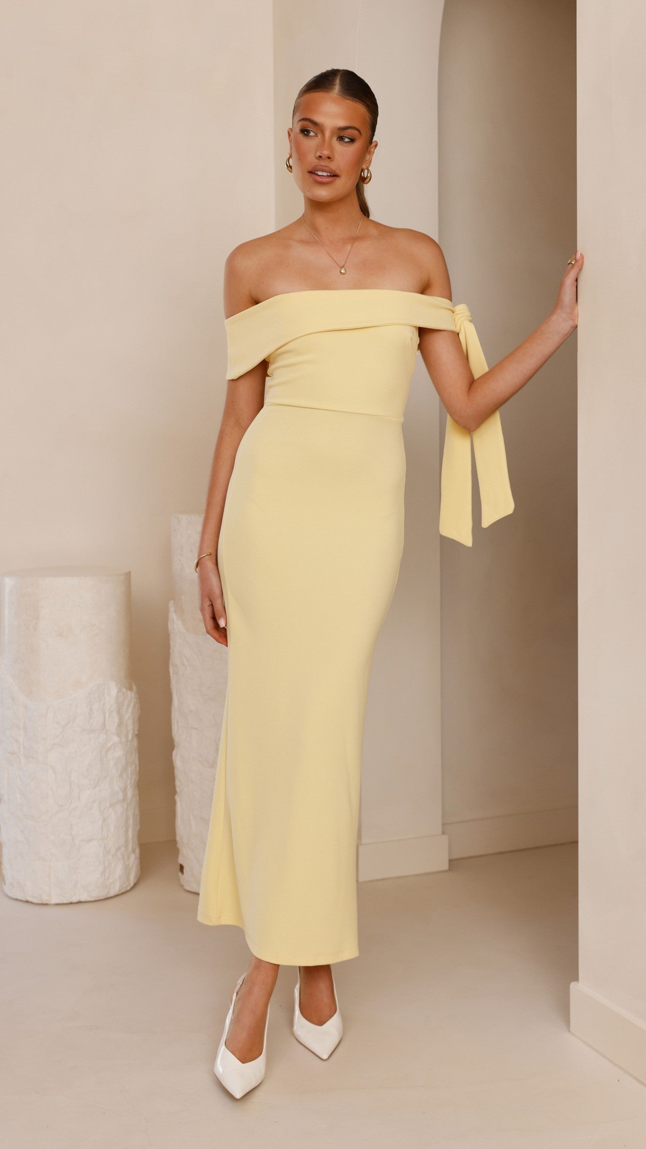Halen Women's Off Shoulder Midi Dress - Floral Print Summer Dress with Ruffle Sleeves, Lemon Yellow, Perfect for Beach Vacation, Date Night & Party Wear