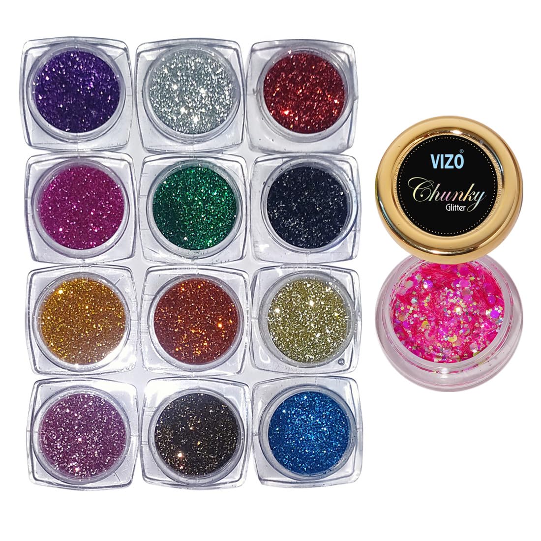 Vizo 12-Piece Glitter Nail Art Kit with Pink Chunky Glitter - DIY Nail Decoration for Manicure, Pedicure & Party Nail Designs