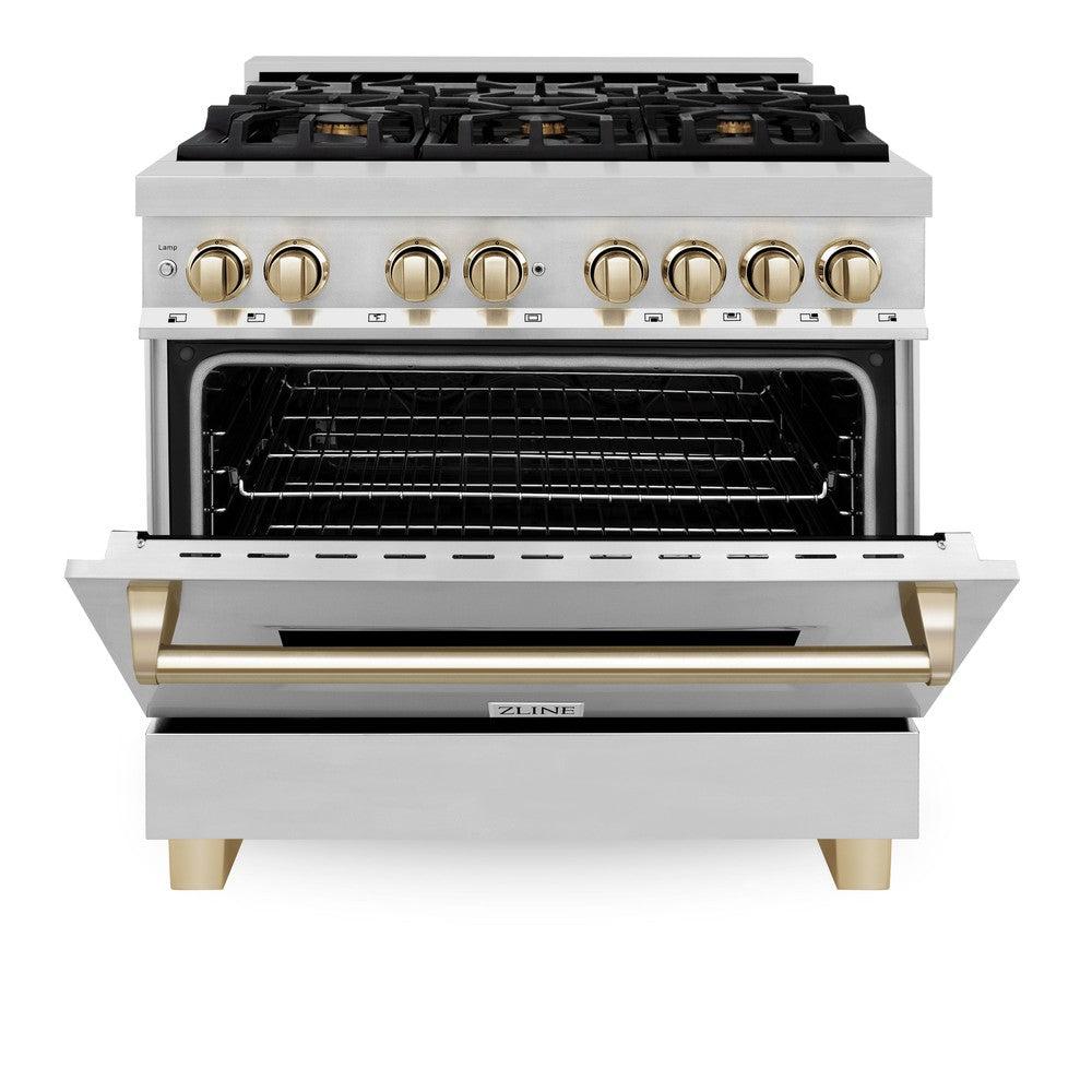 ZLINE Autograph Edition 36-inch Dual Fuel Range with 6 Burner Gas Cooktop & Convection Oven - 4.6 cu.ft Stainless Steel with Gold Accents (RAZ 36 G) - Perfect for Professional Kitchens & Luxury Home Cooking