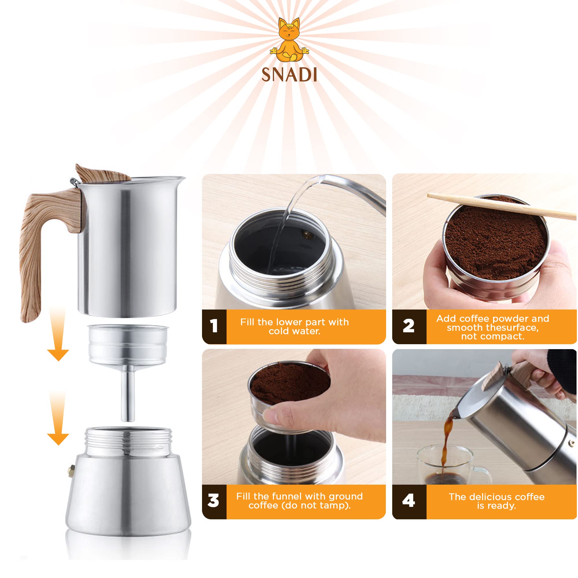 Stainless Steel Moka Pot Italian Coffee Maker - 4 Cup (200ml) Espresso Maker for Induction, Ceramic, Electric & Gas Stoves - Perfect for Home & Professional Kitchens, Camping & Office Use
