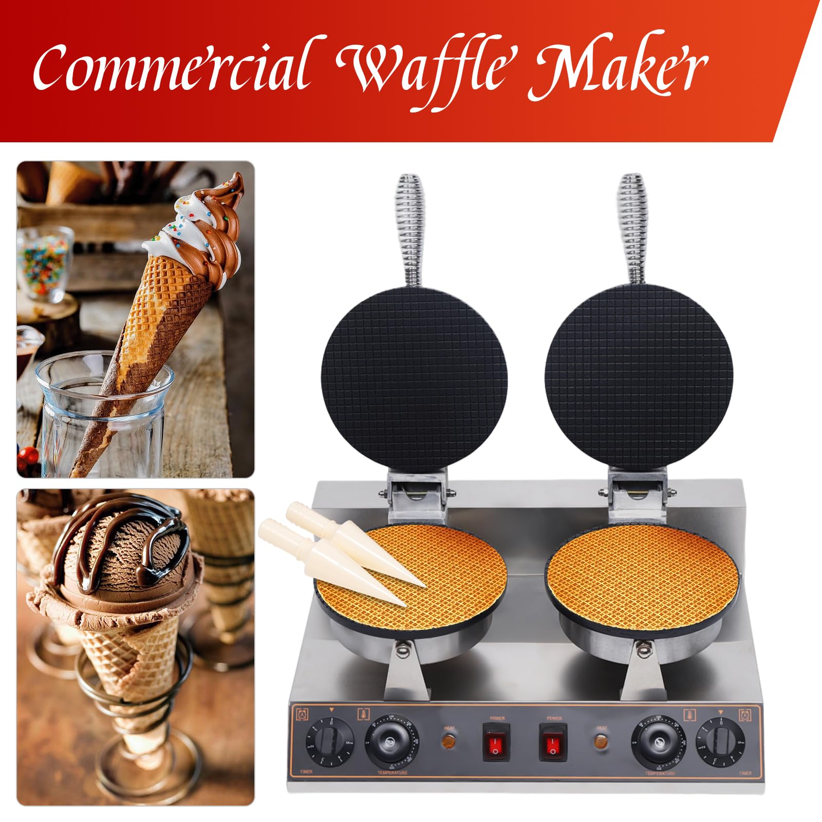 Commercial Double Head Waffle Maker - 1750W Electric Waffle Iron with Nonstick Plates, Stainless Steel Housing for Pancakes, Donuts, Paninis & Hash Browns - Perfect for Restaurants, Cafes & Home Breakfast Cooking