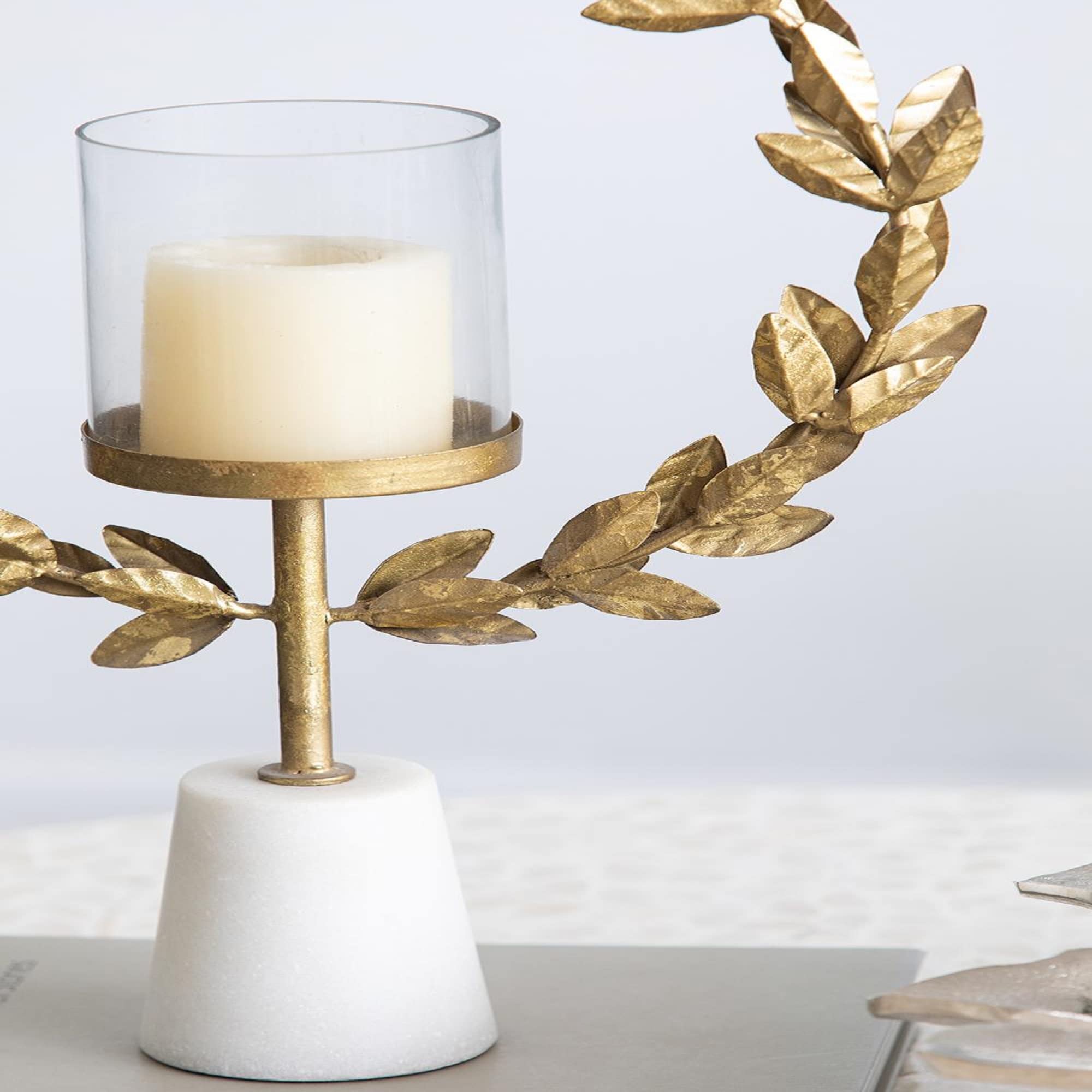A & B Home 19.7 Inch Gold and White Iron Marble Glass Floral Hurricane with Marble Base - Elegant Home Accent Decor for Living Room, Dining Table, Wedding Centerpiece & Holiday Decoration