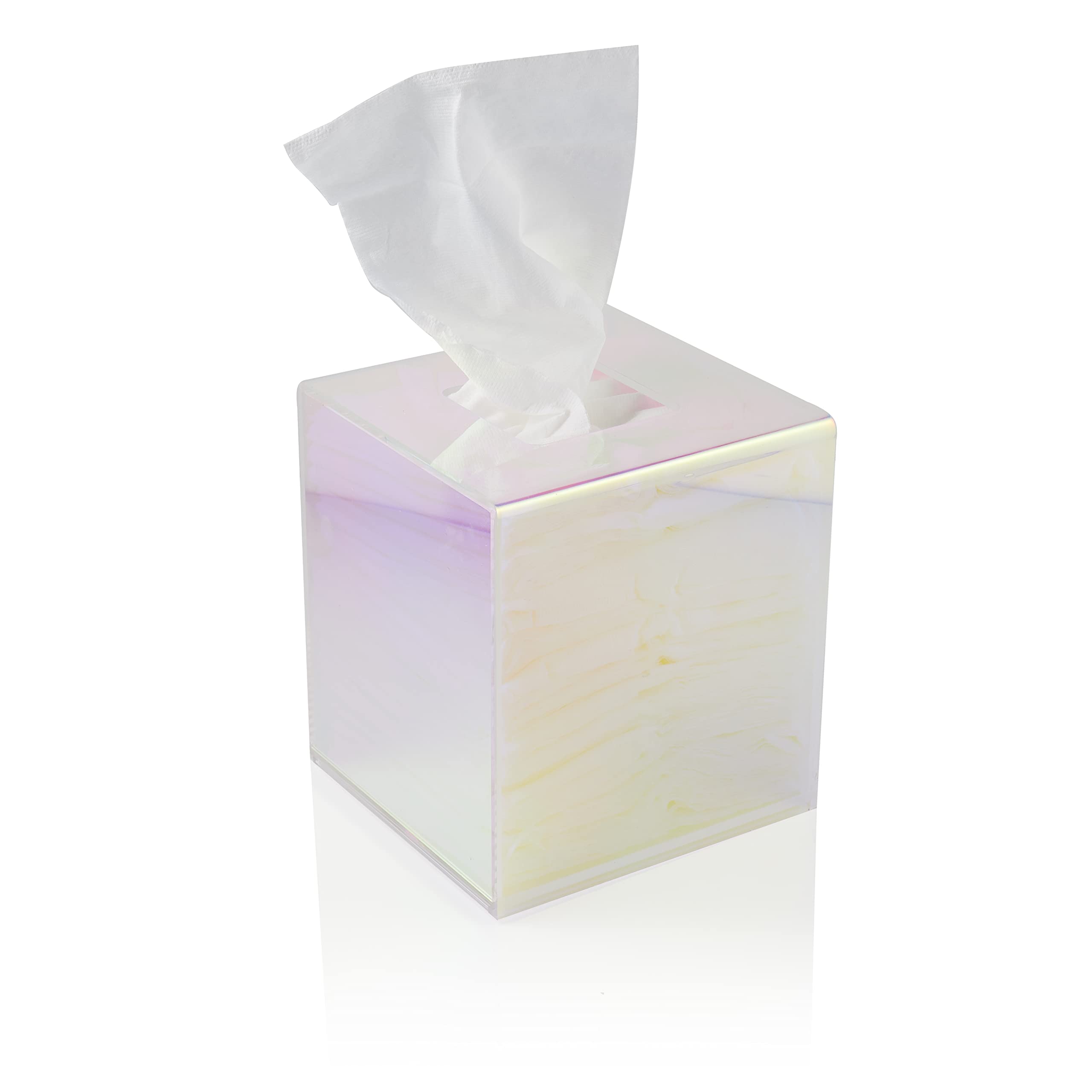 Clear Acrylic Tissue Box Holder - Square Iridescent Dispenser for Facial Tissues, Napkins & Dryer Sheets | Bathroom, Bedroom, Office Desk & Vanity Organizer | Modern Home & Kitchen Decor Accessory