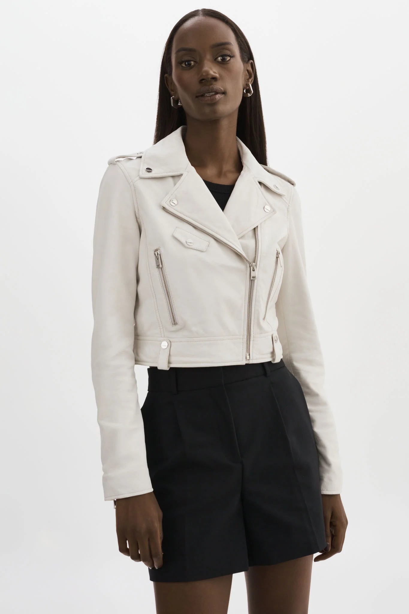Ciara Faux Leather Crop Moto Jacket for Women - Stylish White Biker Jacket - Perfect for Motorcycle Riding, Night Out & Fall Fashion