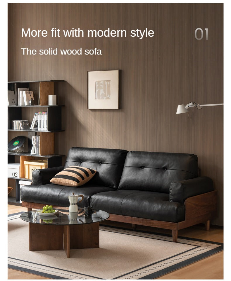 Premium Black Walnut Solid Wood Sofa - Genuine Leather & Fabric Upholstery, Modern Living Room Furniture for Home & Office Comfort