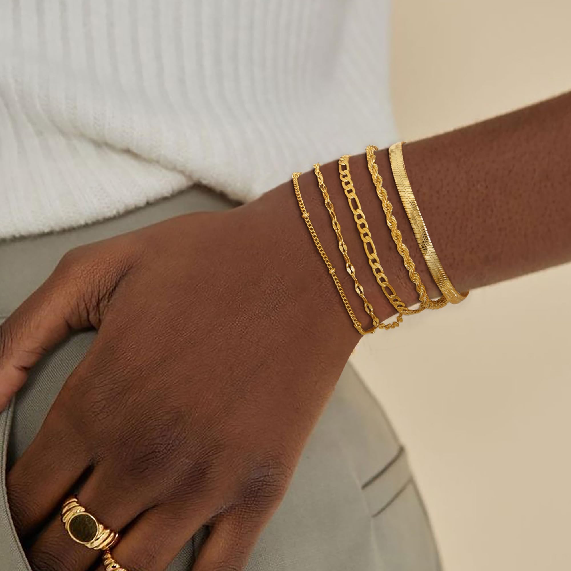 14K Gold Plated Women's Bracelet Set - Trendy Dainty Tennis Beaded Paperclip Link Cuban Chain Stackable Bracelets for Women | Elegant Jewelry Gift for Her | Perfect for Daily Wear, Office, Parties & Special Occasions